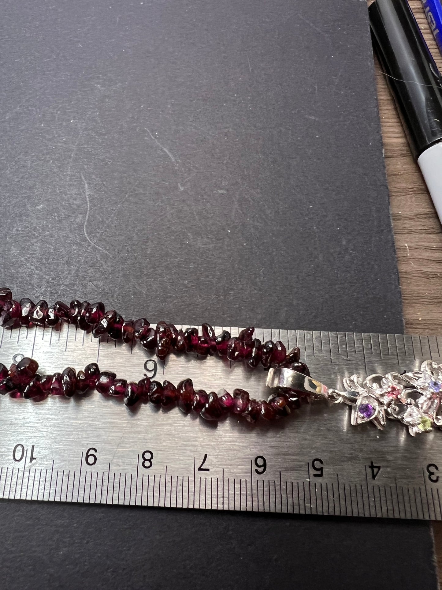 Norwegian Thulite and garnet chip necklace with sterling silver pendant and clasp