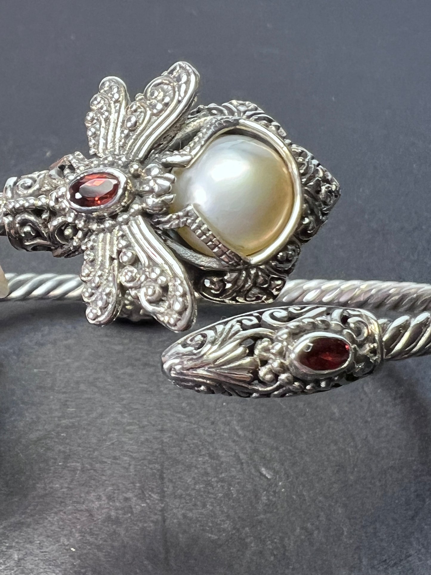 Sarda designer dragonfly, pearl and garnet sterling silver cuff bracelet