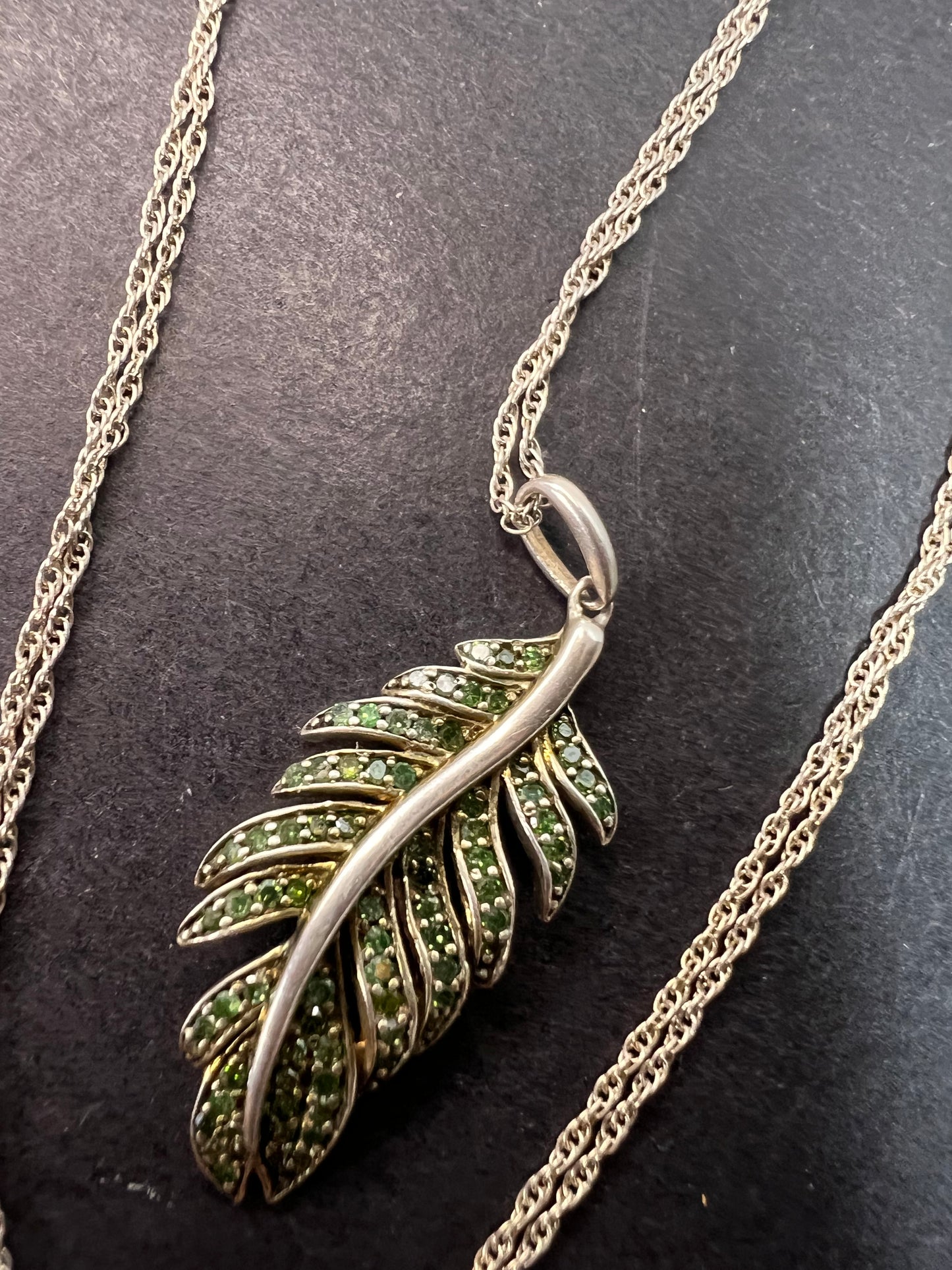 Natural green diamonds feather pendant and chain necklace in white gold over sterling silver