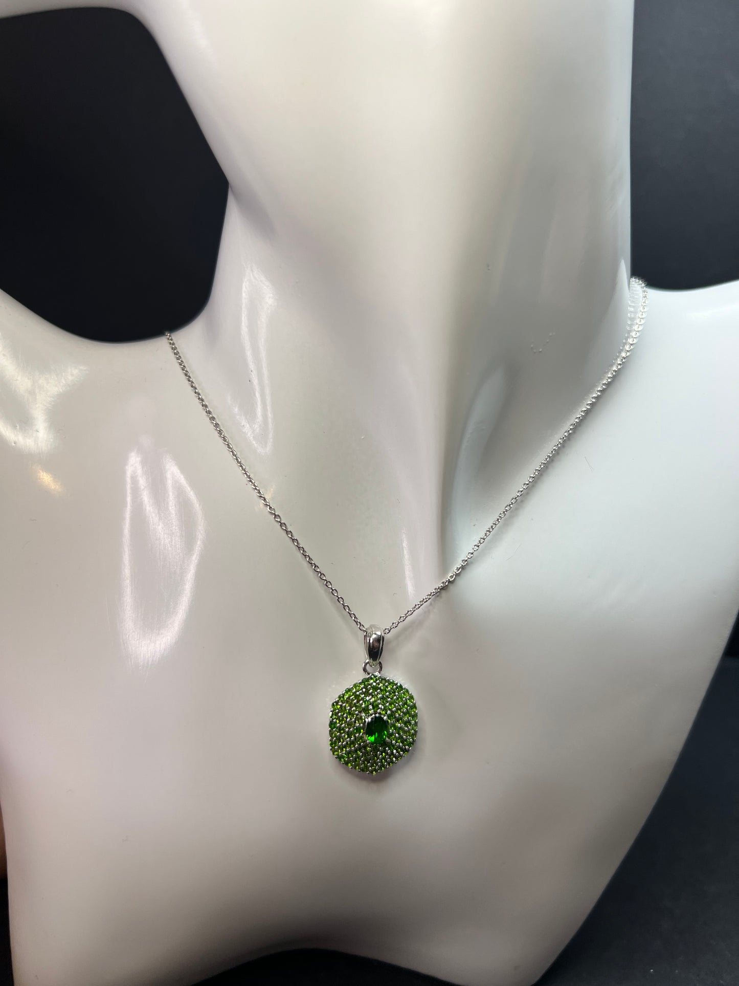 Chrome Diopside Sterling Silver Halo Pendant Necklace 18-20”
