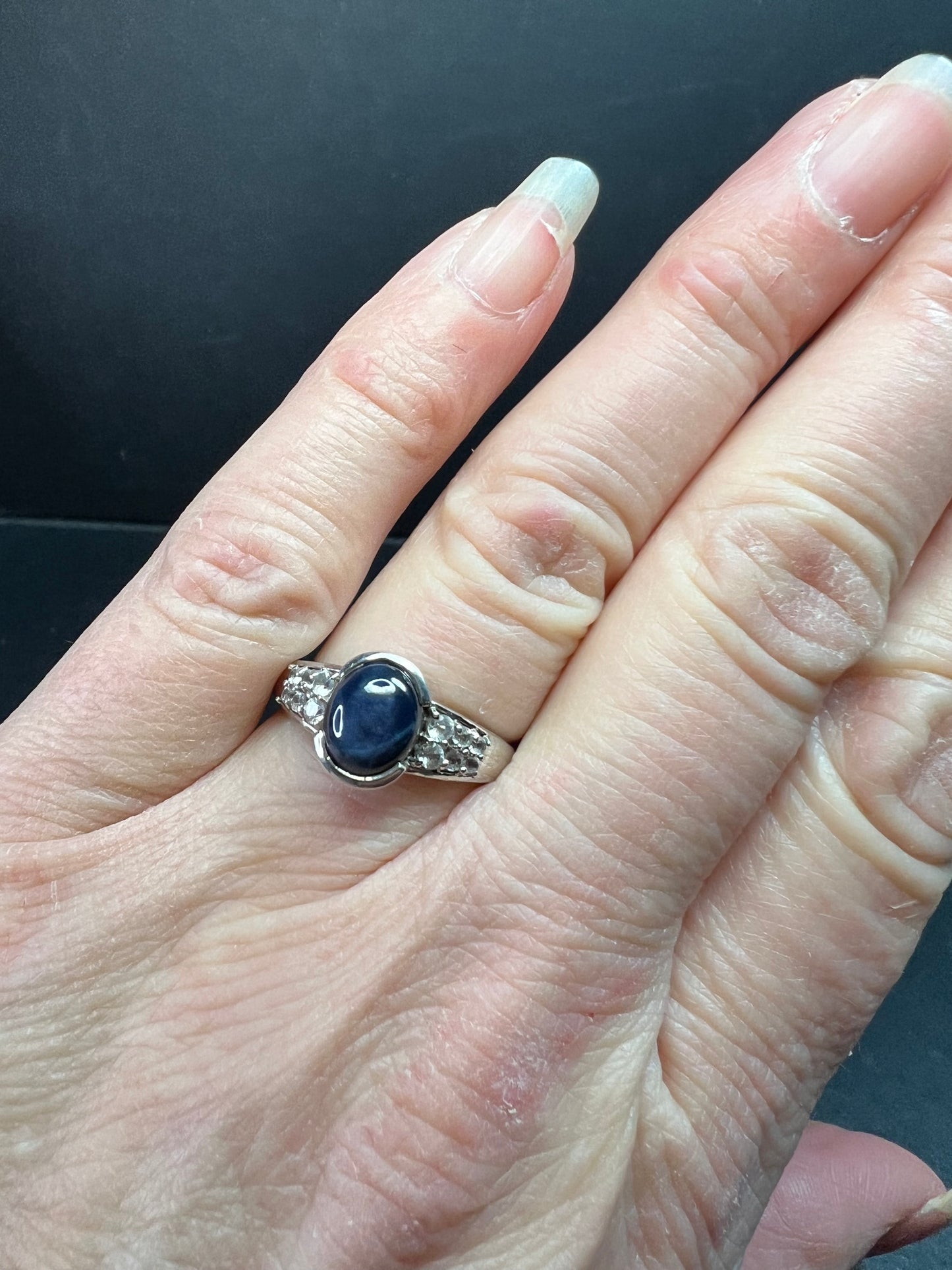 Vintage Star Sapphire & White Topaz Sterling Silver Ring 8