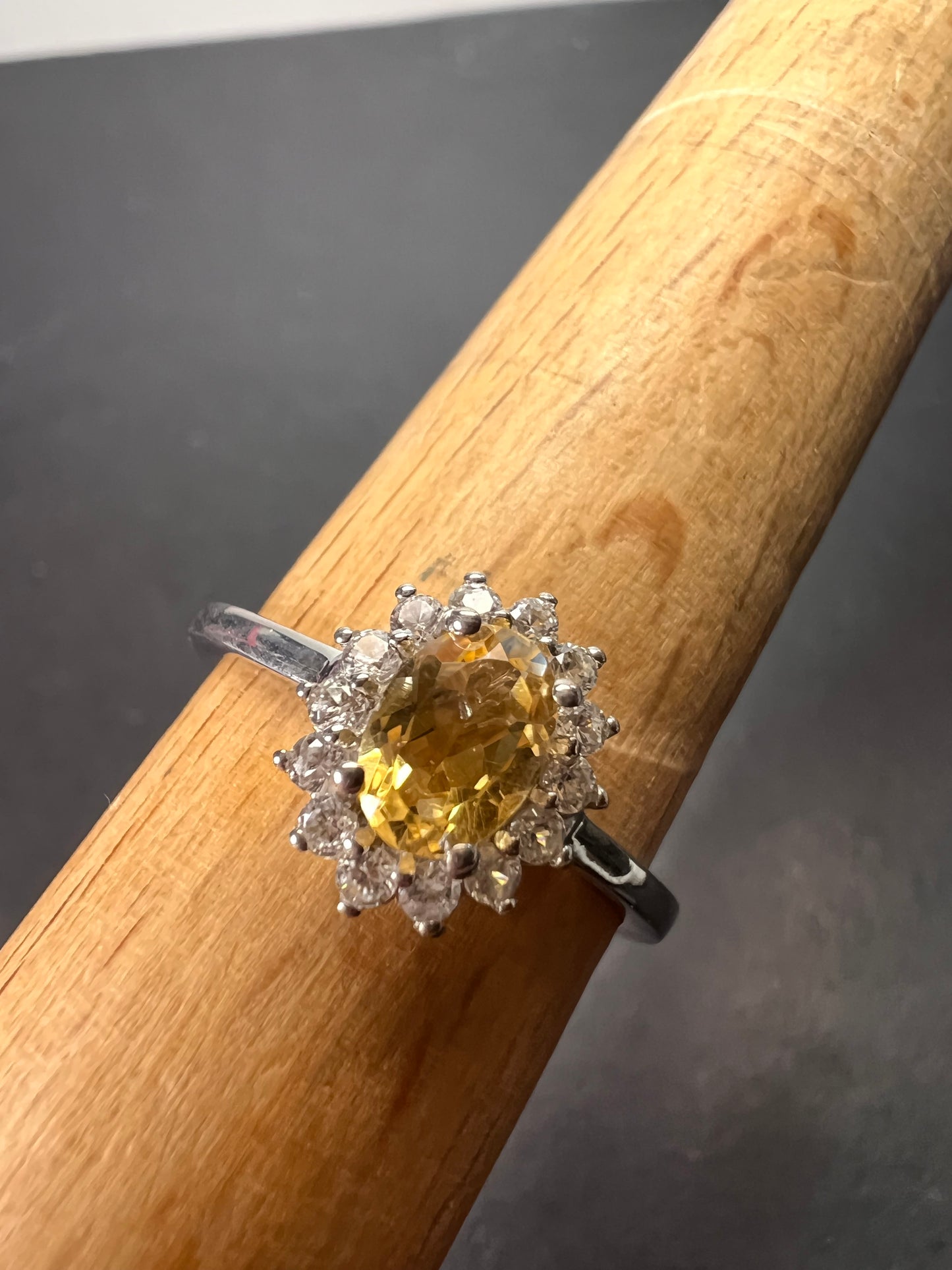 Brazilian citrine and zircon halo ring in platinum over sterling silver size 9 *NEW*