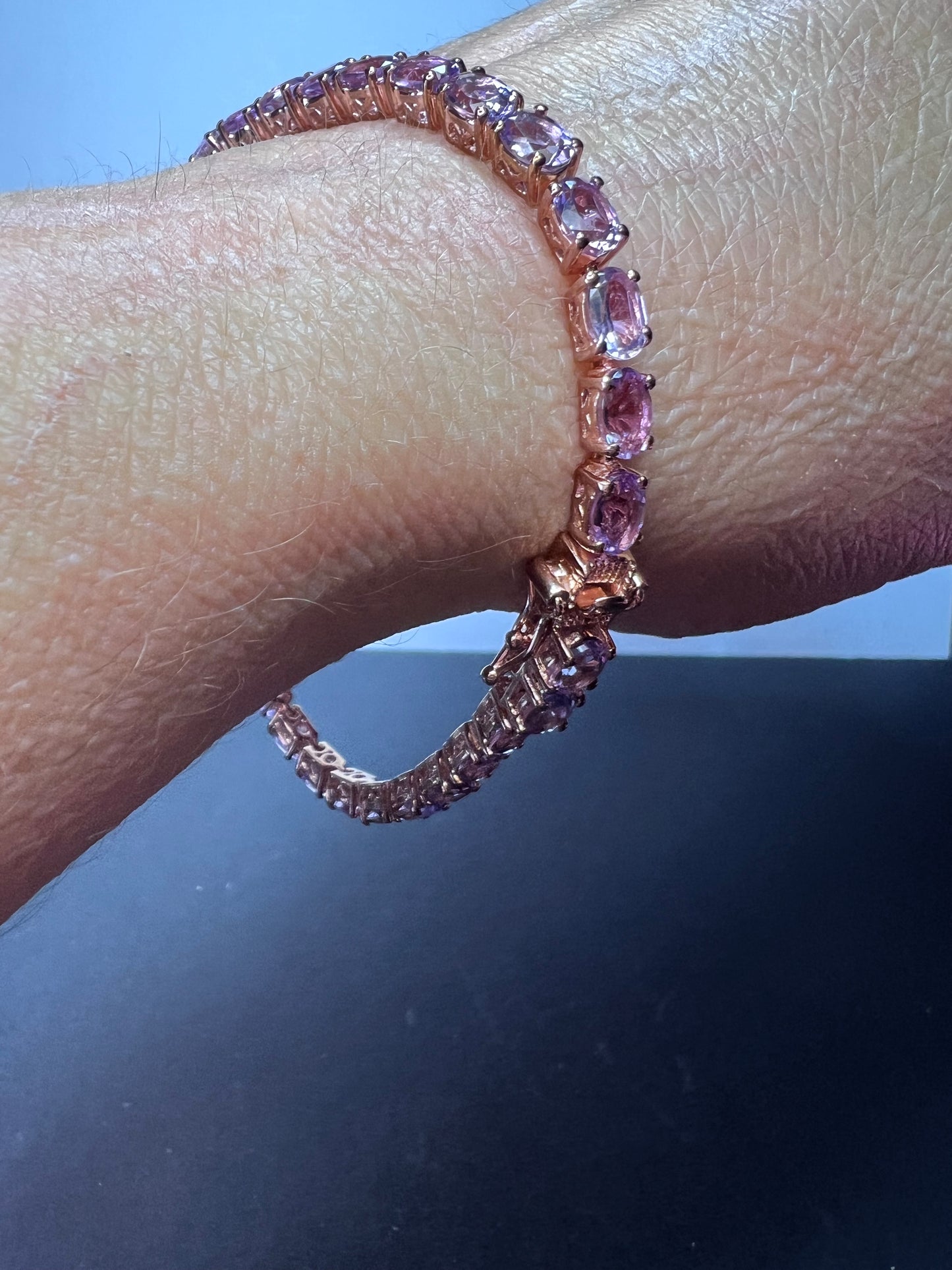 Rose de France amethyst tennis bracelet in 18k rose gold over sterling