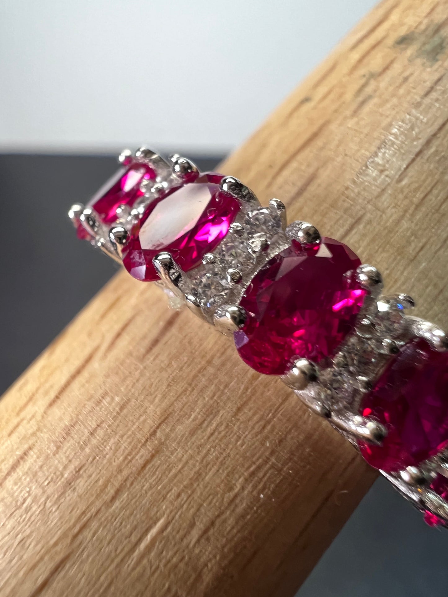 Lab ruby & White Cubic Zirconia Rhodium Over Silver Ring size 10