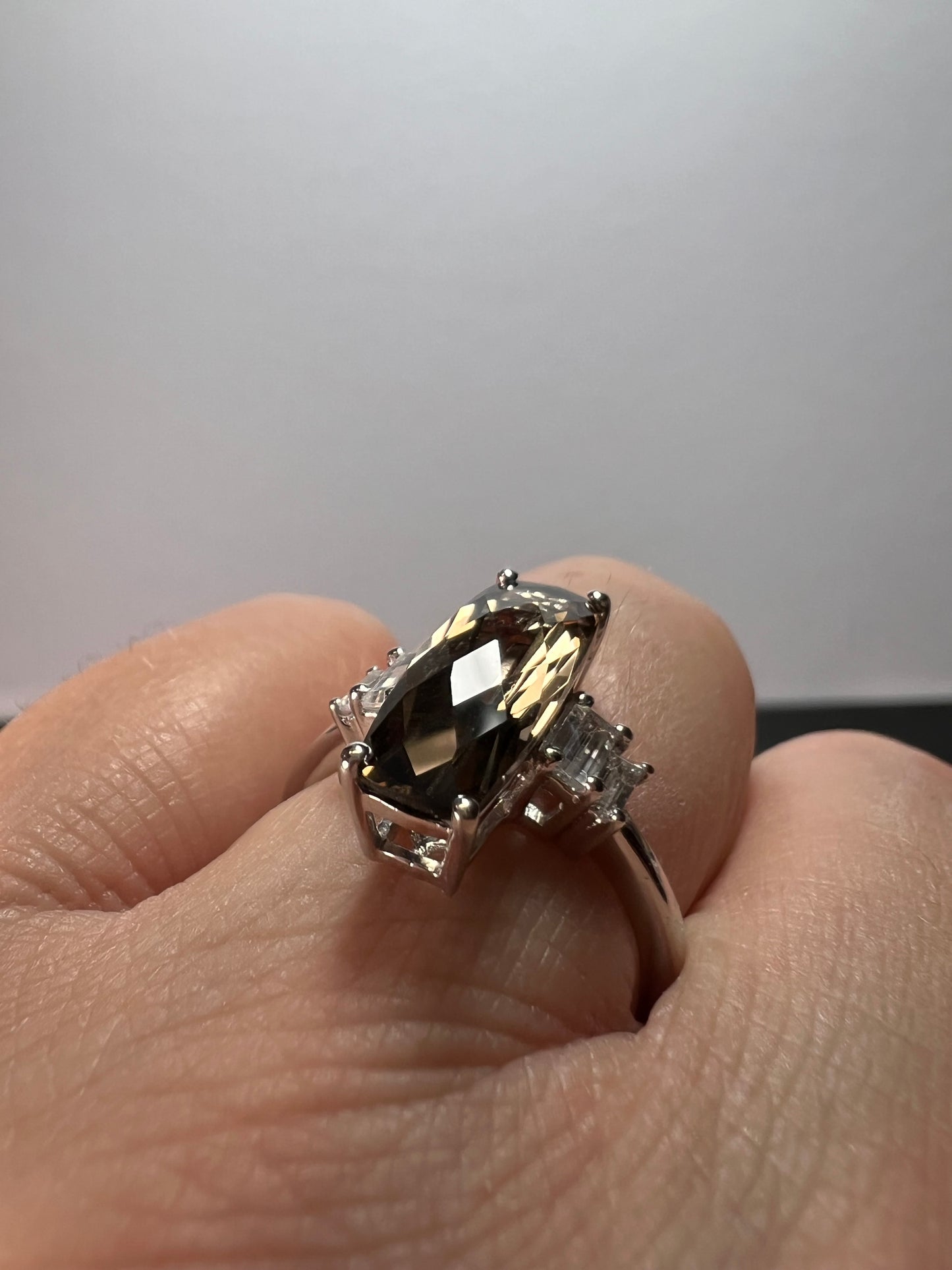 Brown Smoky Quartz With White Zircon Rhodium Over Sterling Silver Ring 3.33ctw size 7 *NEW*