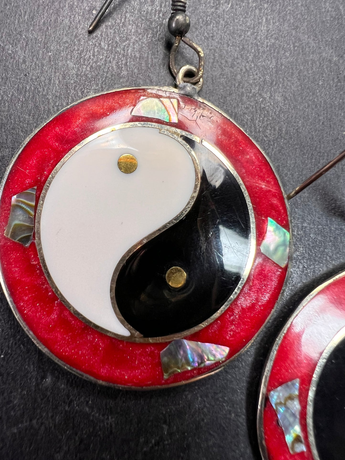 Vintage ALPACA MEXICO Silver MOP Abalone Yin Yang Drop Earrings