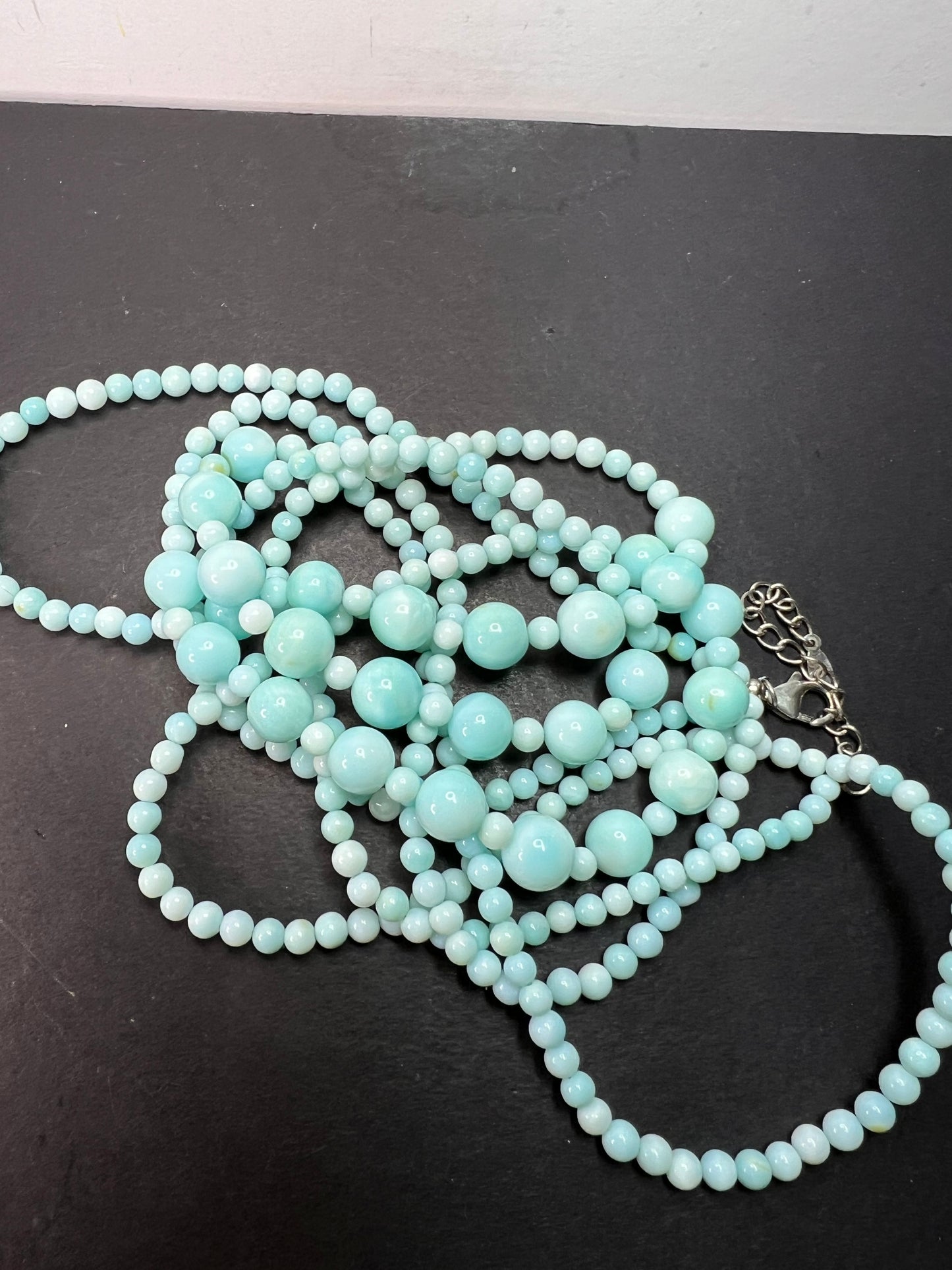 Peruvian blue opal triple strand necklace with sterling silver clasp