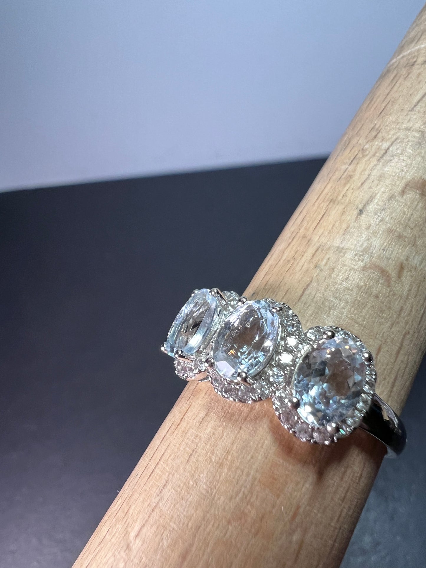 Aquamarine triple stone halo  ring size 10 in sterling silver