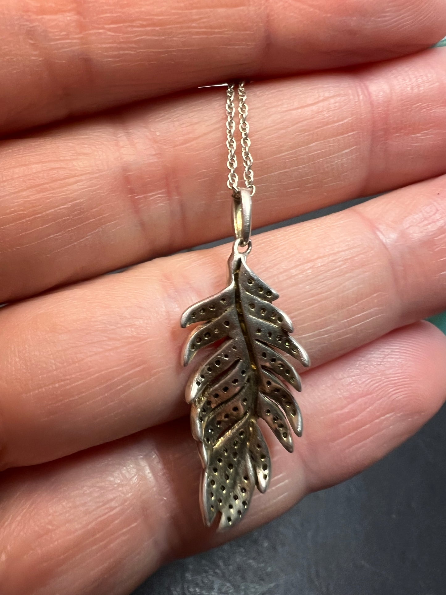 Natural green diamonds feather pendant and chain necklace in white gold over sterling silver