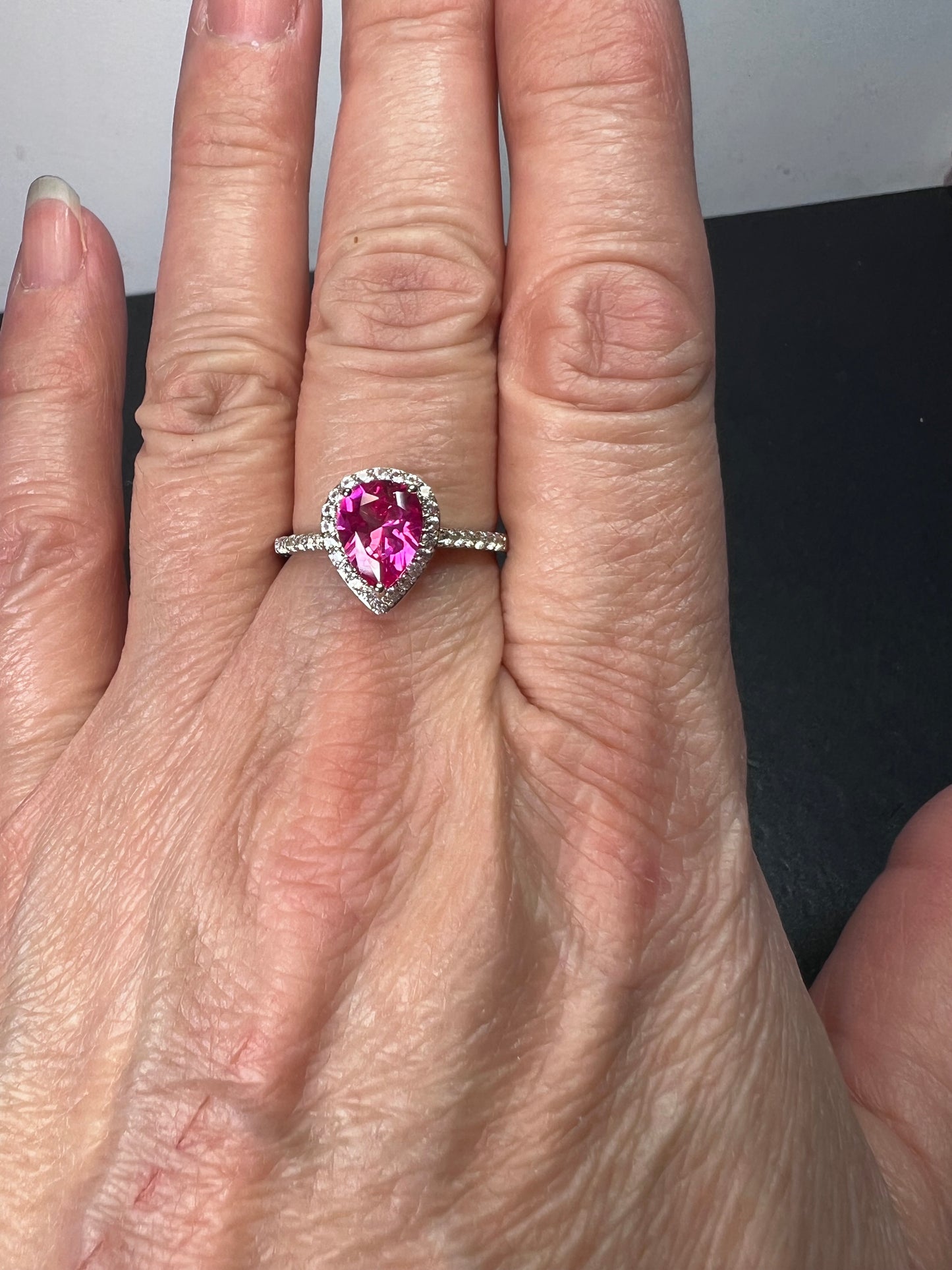 Barbie style lab pink sapphire sterling silver halo ring size 9