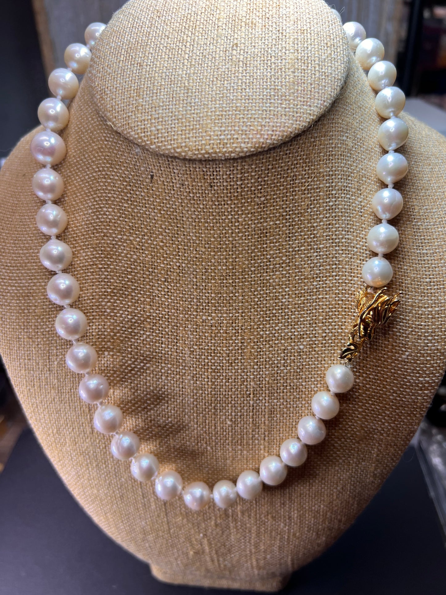 10-11mm white cultured pearl necklace with gold over sterling silver wolf head clasp 20 inch