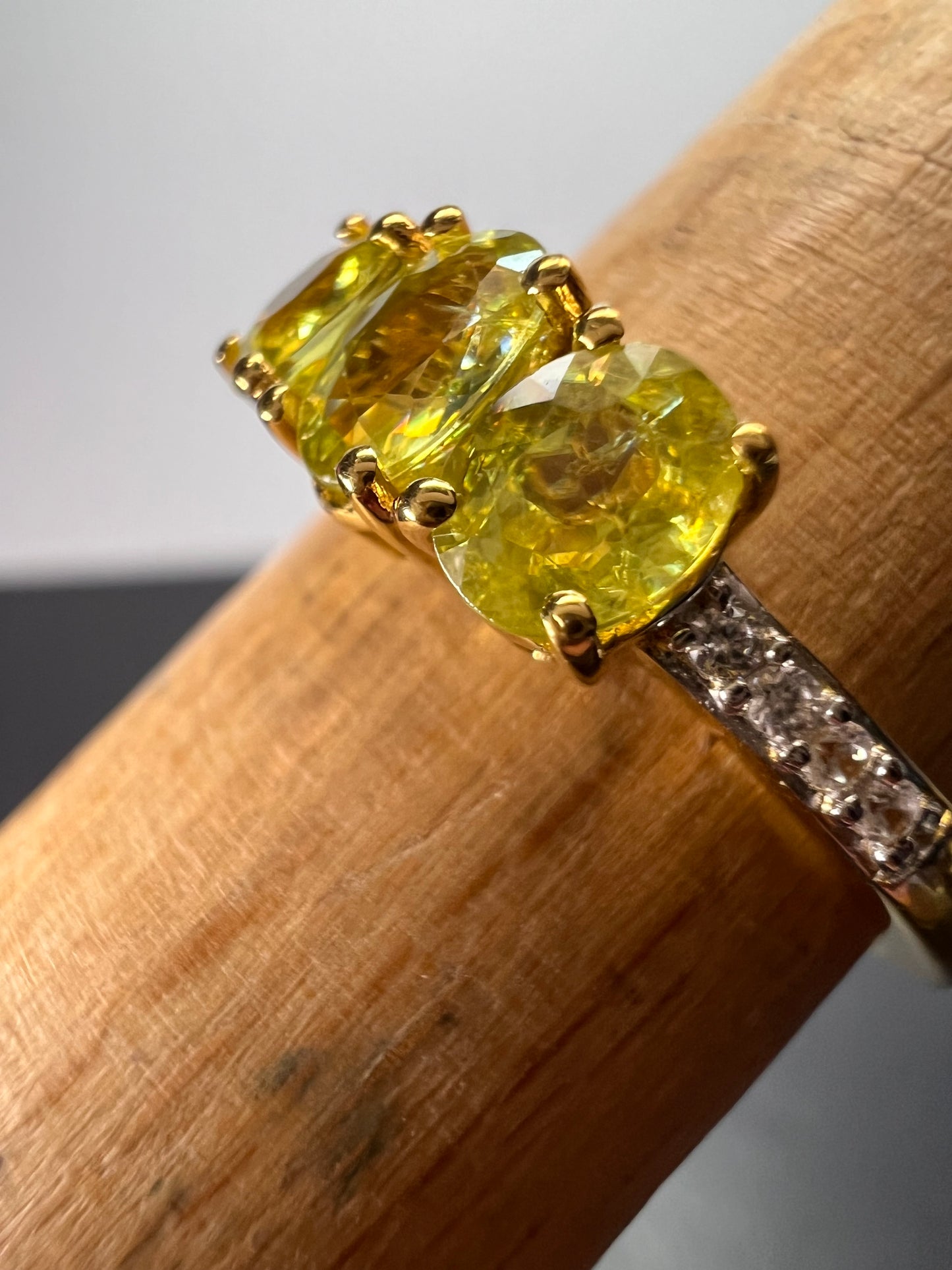 Sava sphene and white zircon triple stone ring in vermeil yellow gold over sterling silver size 8 *NEW*