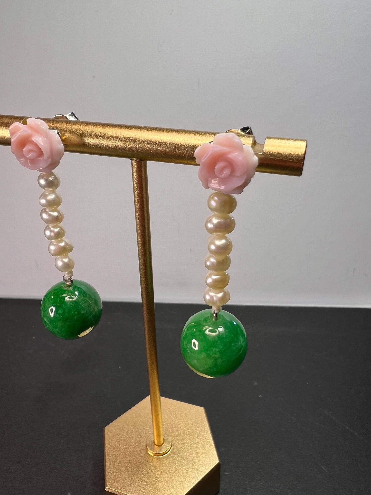 Green Jade , pink flowers and freshwater pearl earrings in rhodium over sterling silver