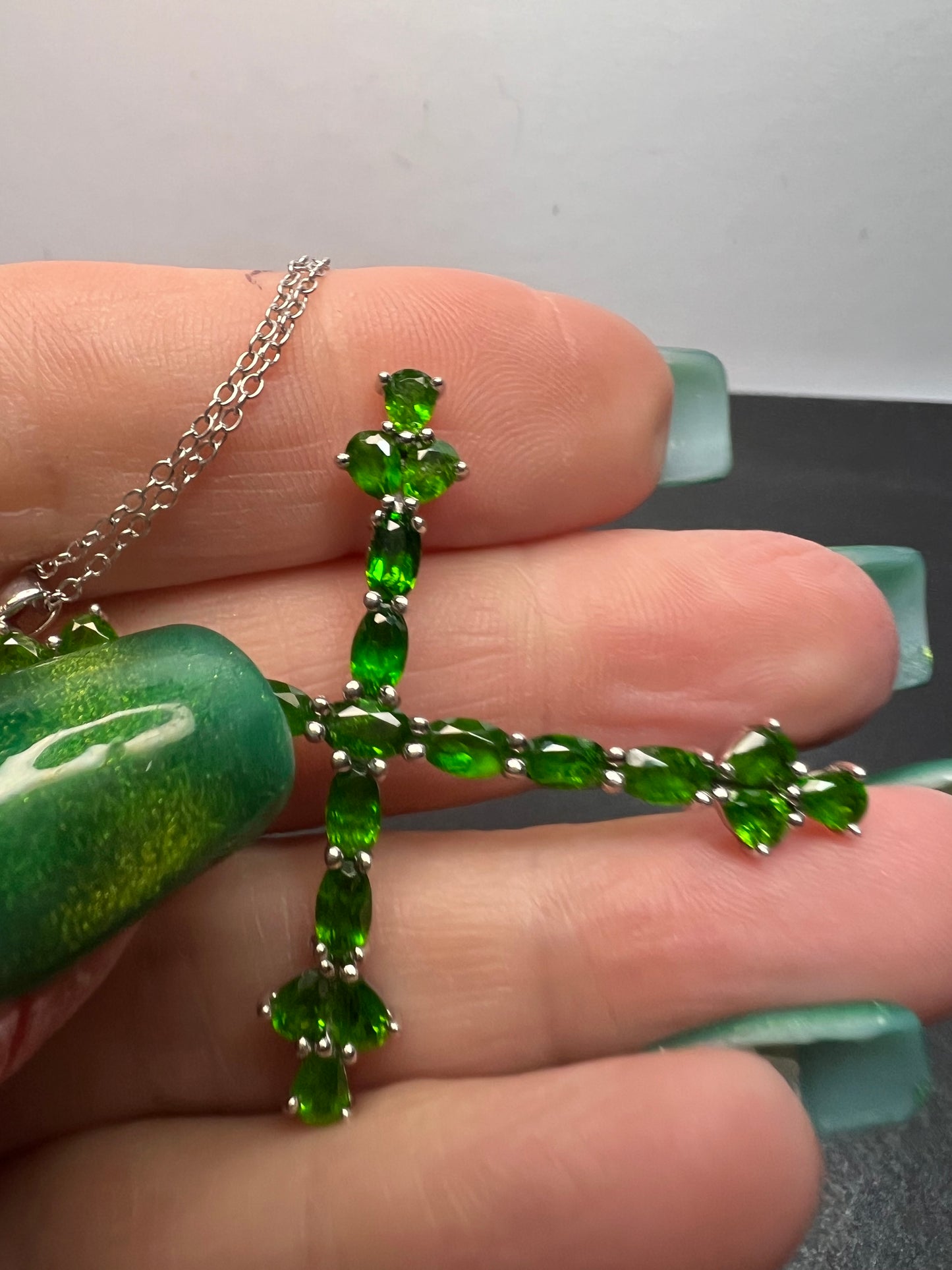 Chrome diopside cross pendant and chain in sterling silver