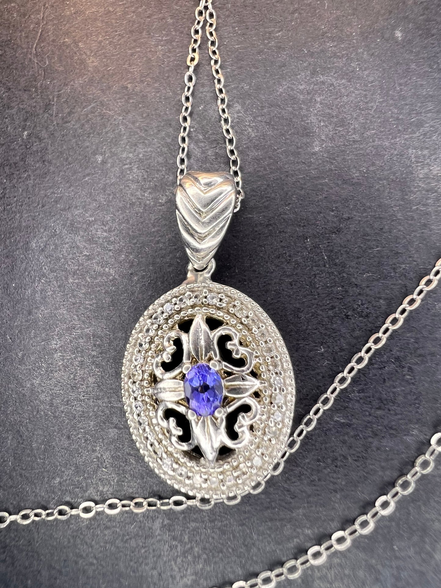 Tanzanite and zircon sterling silver pendant and chain necklace