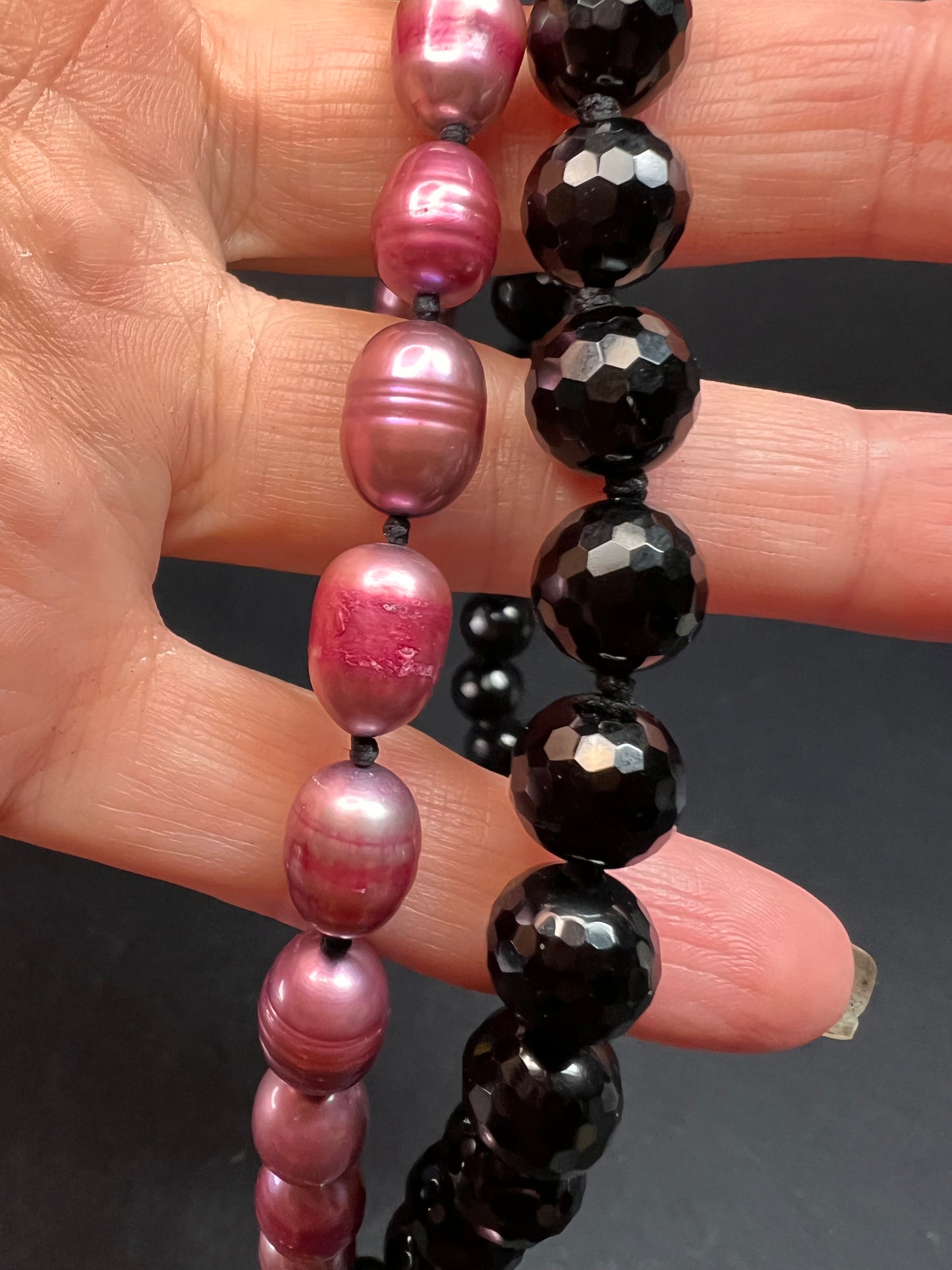 NEW freshwater pearl and black tourmaline 36 inch necklace with sterling silver clasp