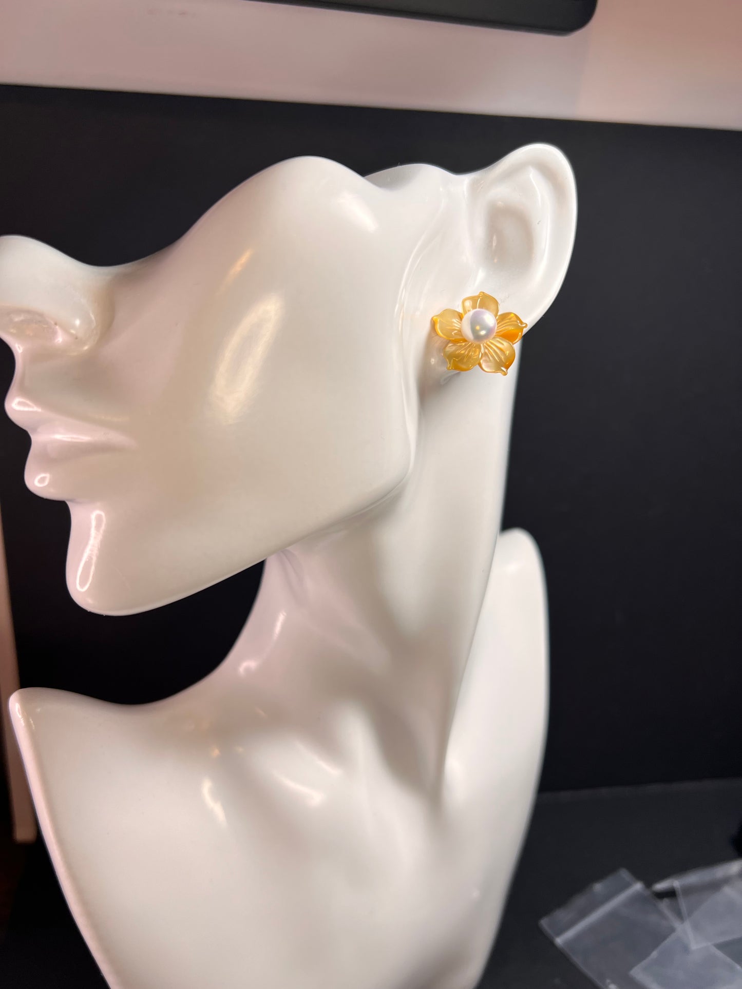 Vintage dead stock set of mother of pearl plumeria stud earrings in sterling silver