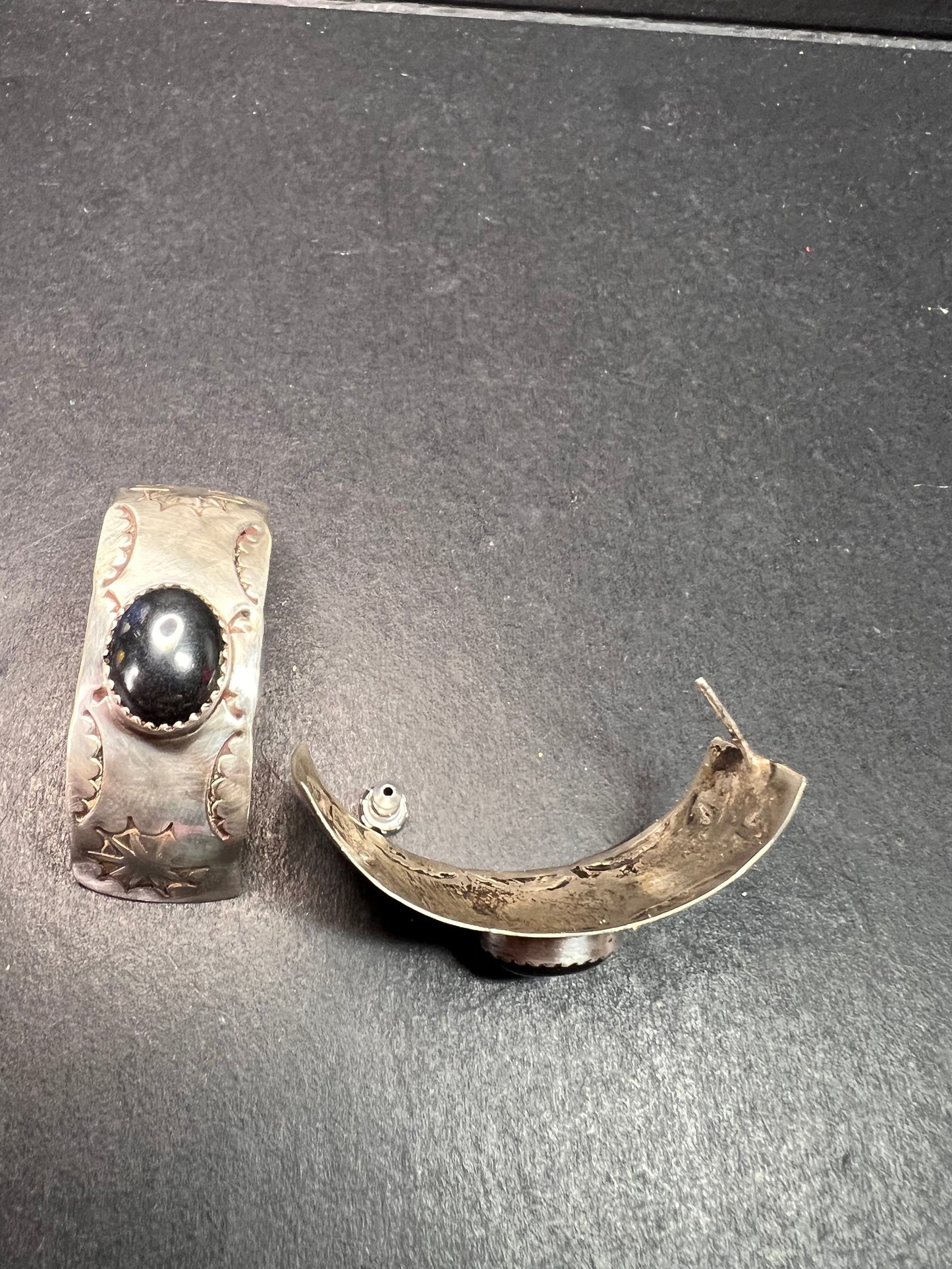 Vintage Sterling Silver Hematite Wide Band Post Earrings Southwestern Handmade