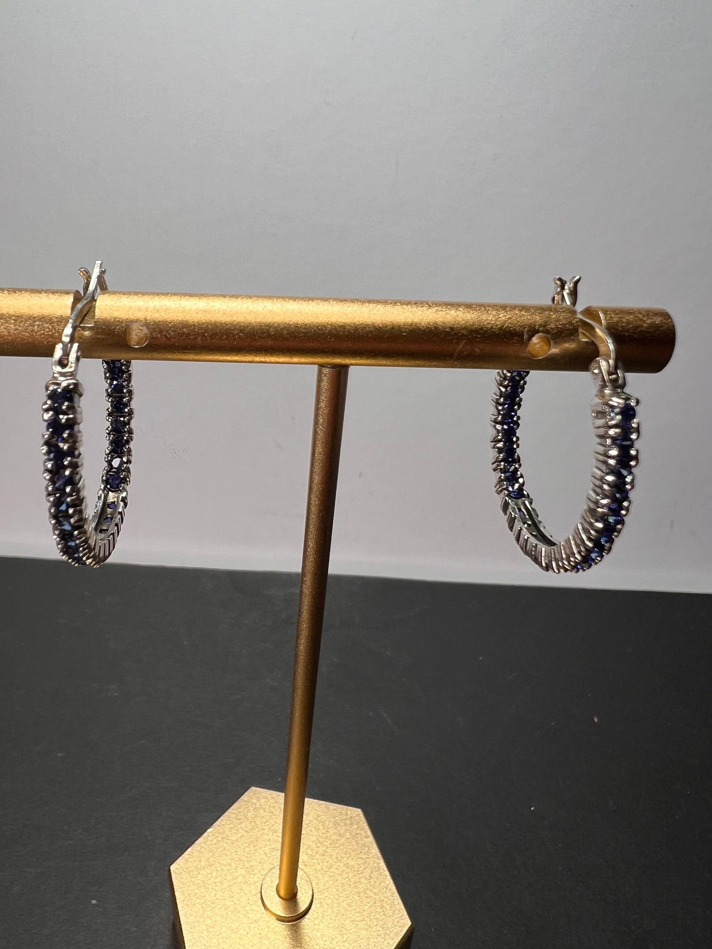 Cobalt blue CZ inside out sterling silver hoop earrings