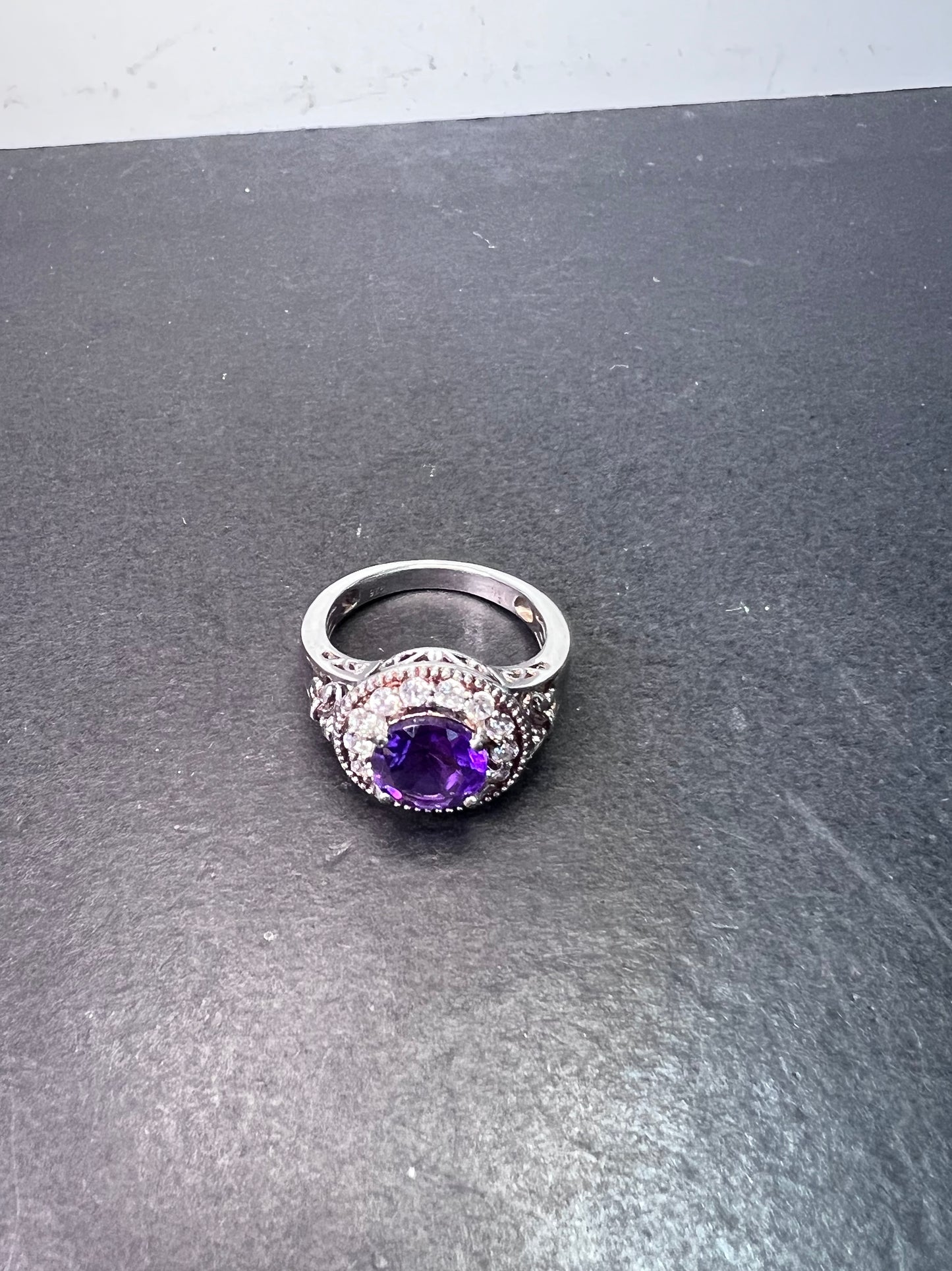 Amethyst and white spinel sterling silver halo ring size 9