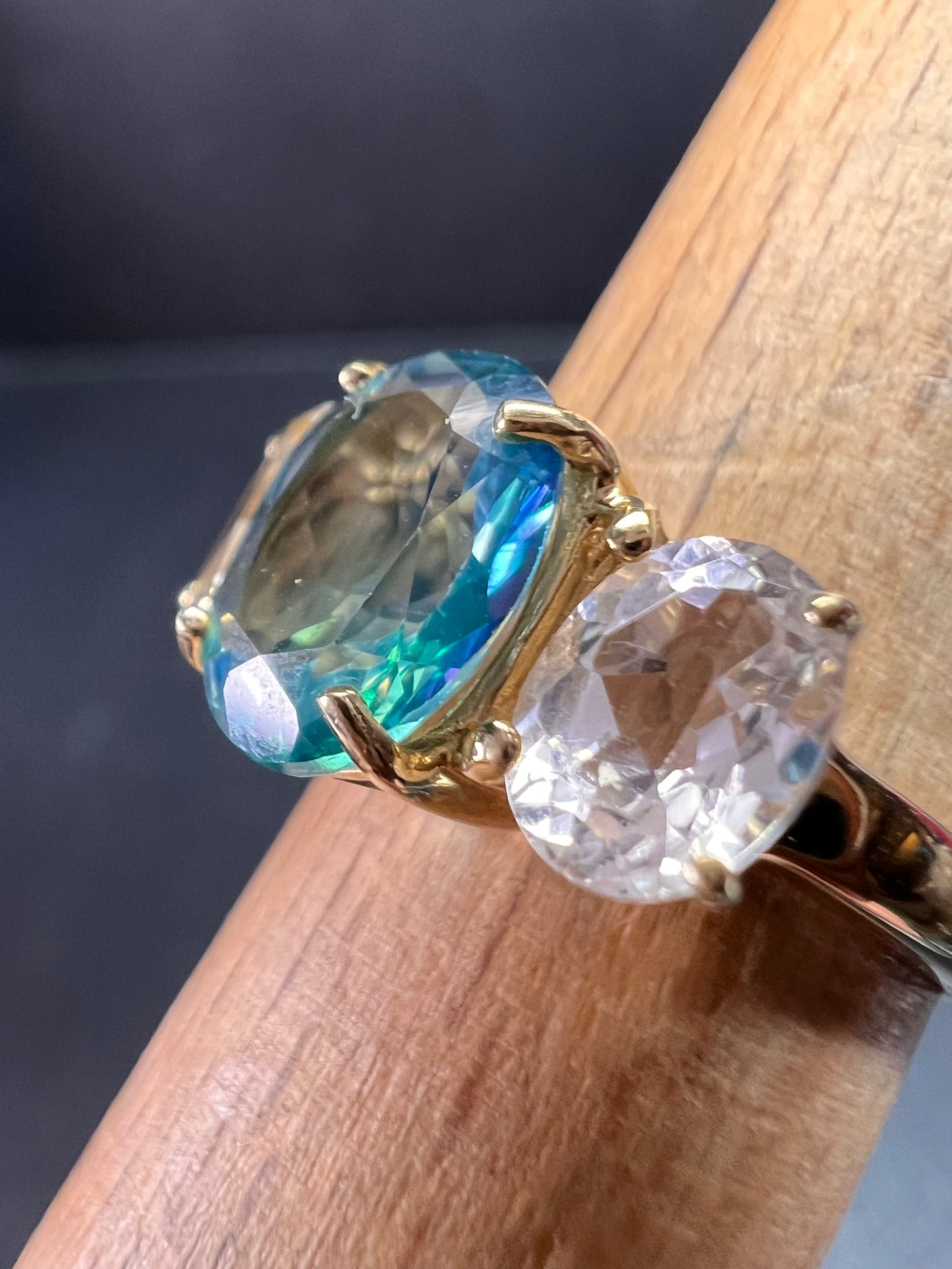 Vintage 10K Yellow Gold Blue Topaz & White Topaz Three-Stone Ring – Size 7