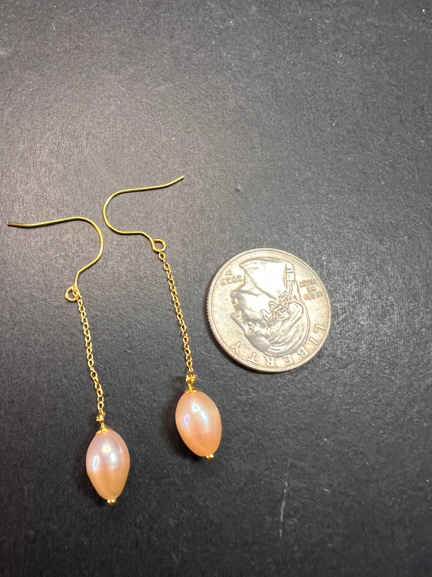 NEW peachy pink freshwater pearl chain dangles on gold over sterling silver
