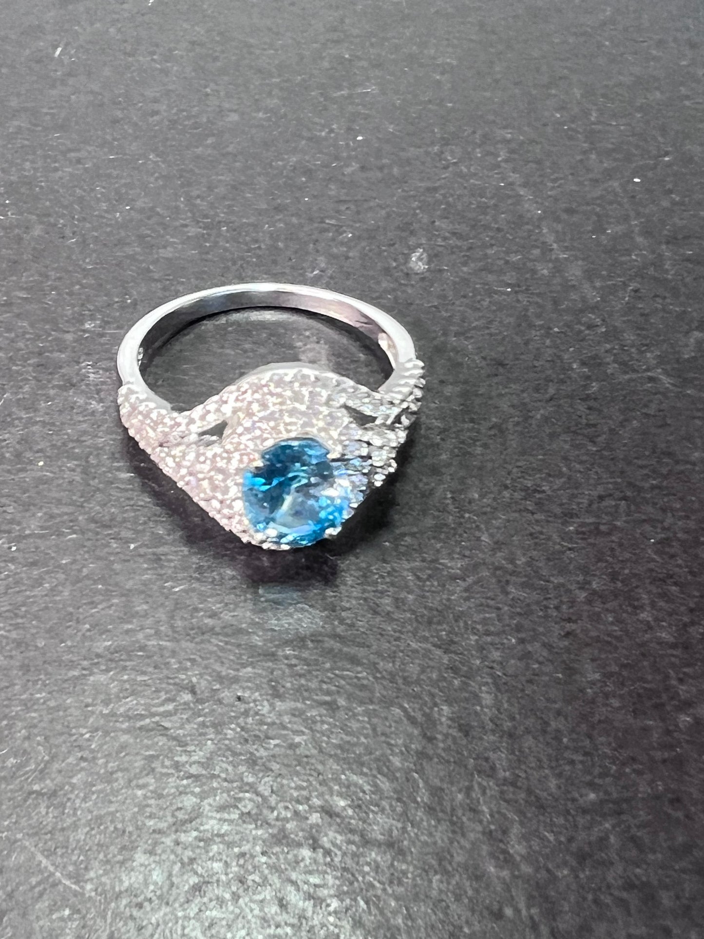 10k white gold blue topaz and white zircon double halo ring size 9