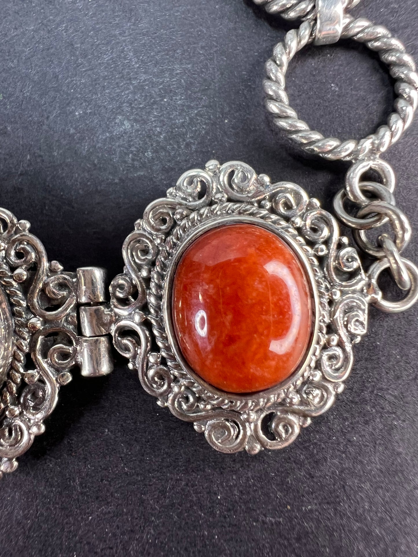 Red orange jade ornate sterling silver toggle bracelet