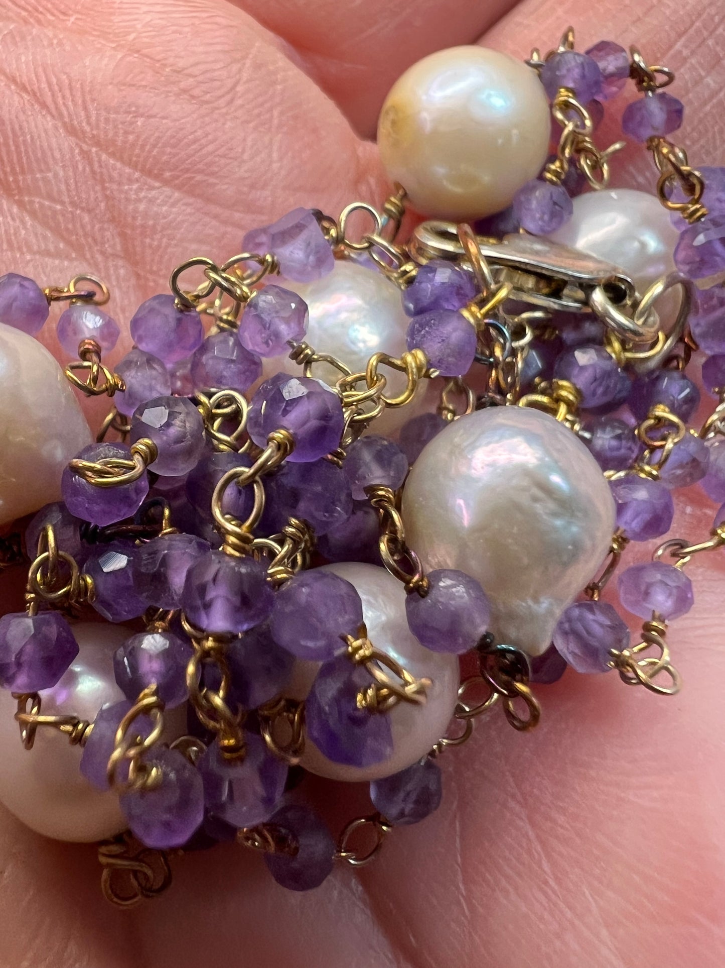 Amethyst and pearl 30 inch station necklace in sterling silver