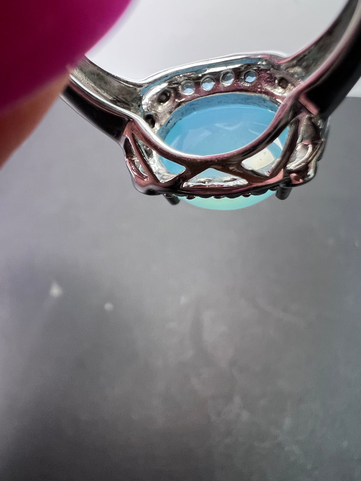 Aqua blue chalcedony blue topaz sterling silver halo ring size 7