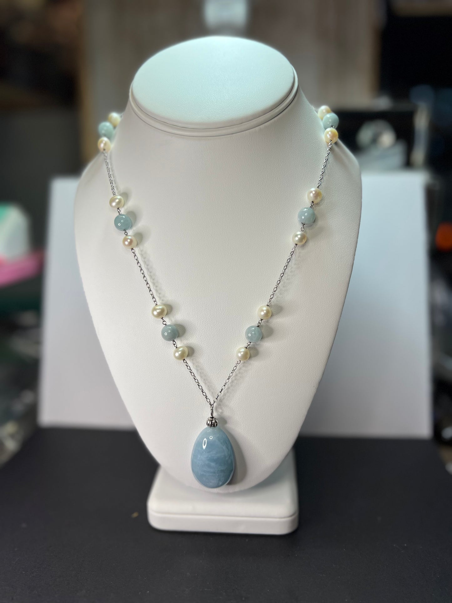 Aquamarine and pearl sterling silver station necklace