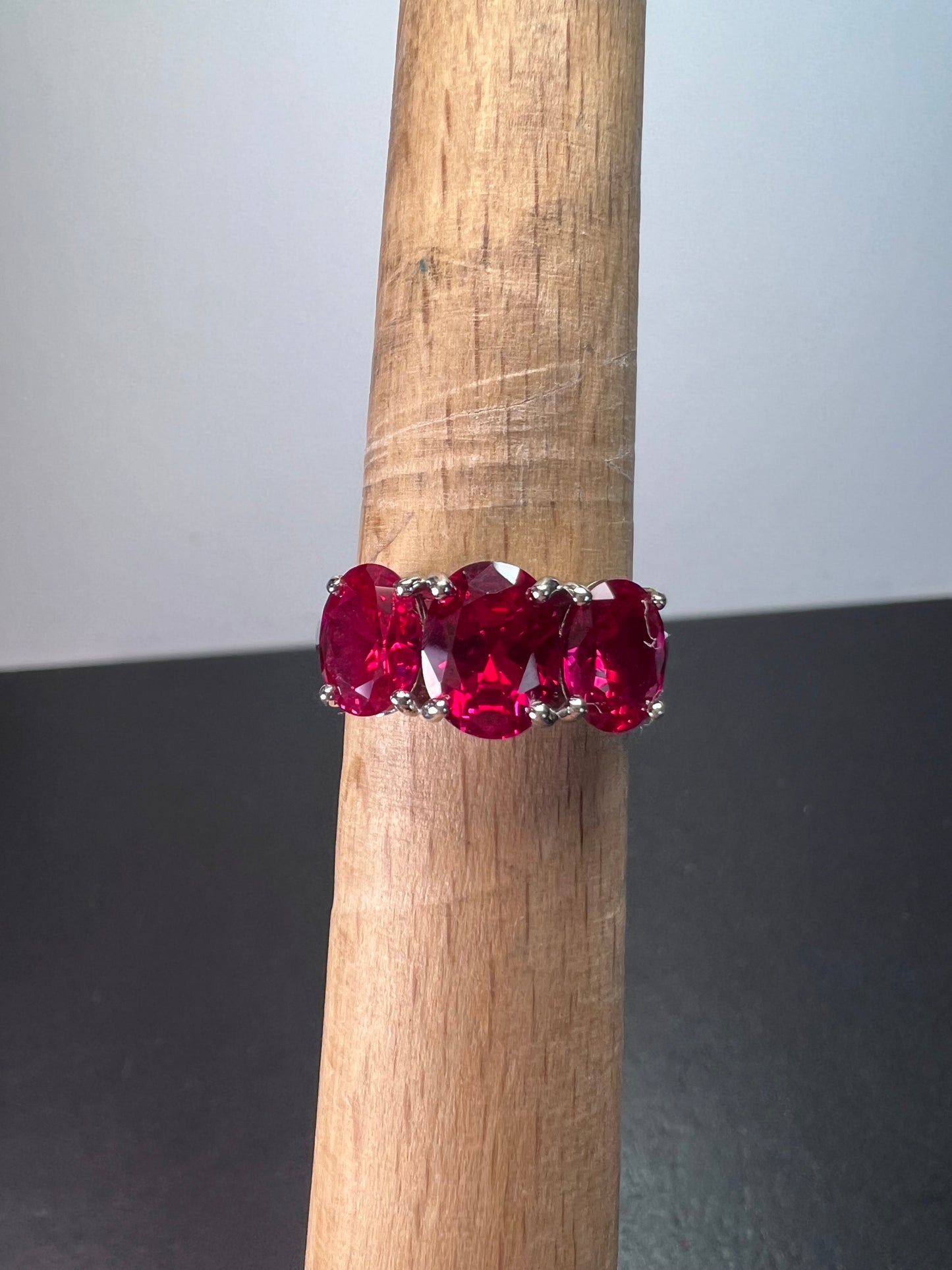 Lab created ruby and silver triple stone ring size 8