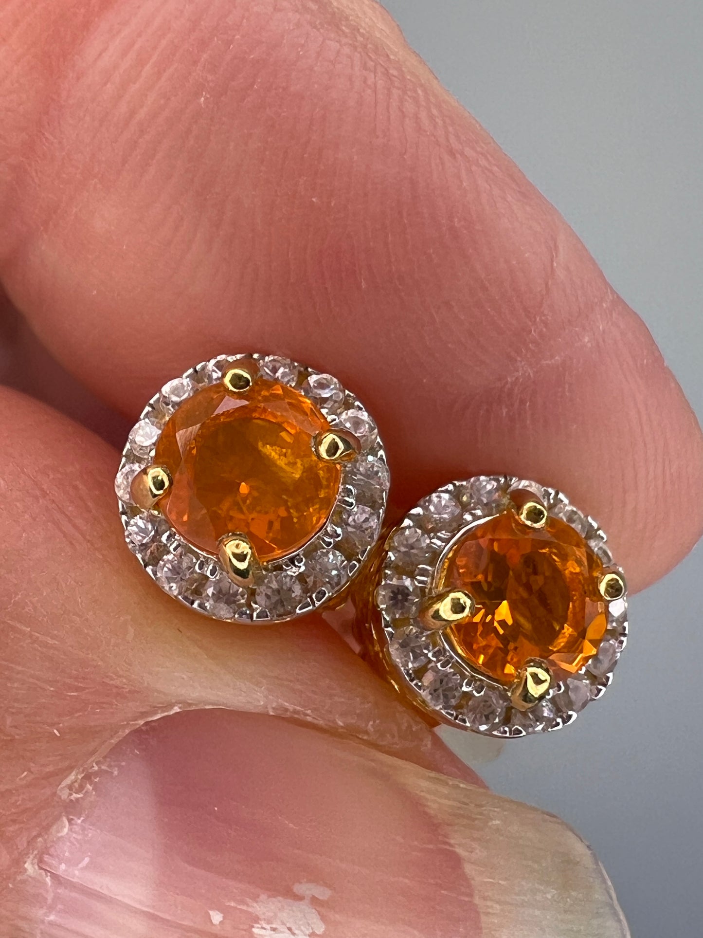 Round Orange Mexican Fire Opal 18k Yellow Gold Over Sterling Silver Halo Stud Earrings 1.01ctw