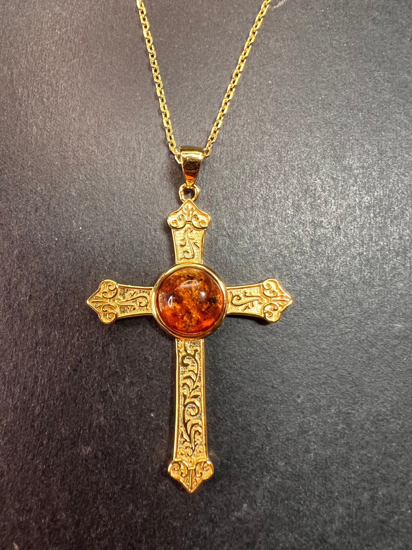 NEW Baltic Amber cross pendant in gold over sterling silver