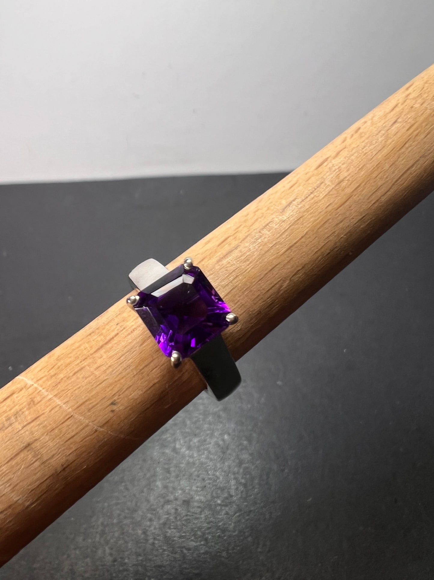 Asscher cut Moroccan amethyst solitaire ring in platinum over sterling silver size 5 *NEW*