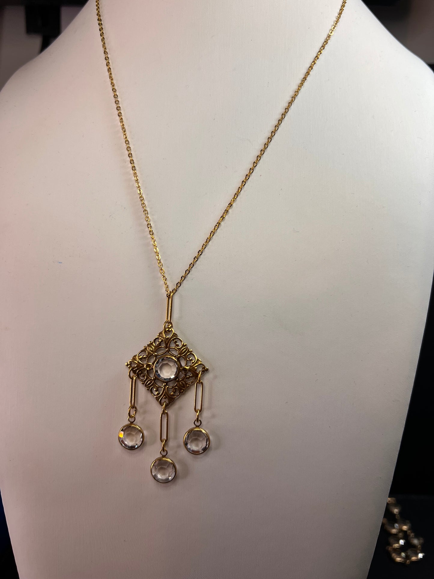 Vintage Victorian Revival Gold Tone Filigree Chandelier Necklace w/ Rivoli Glass