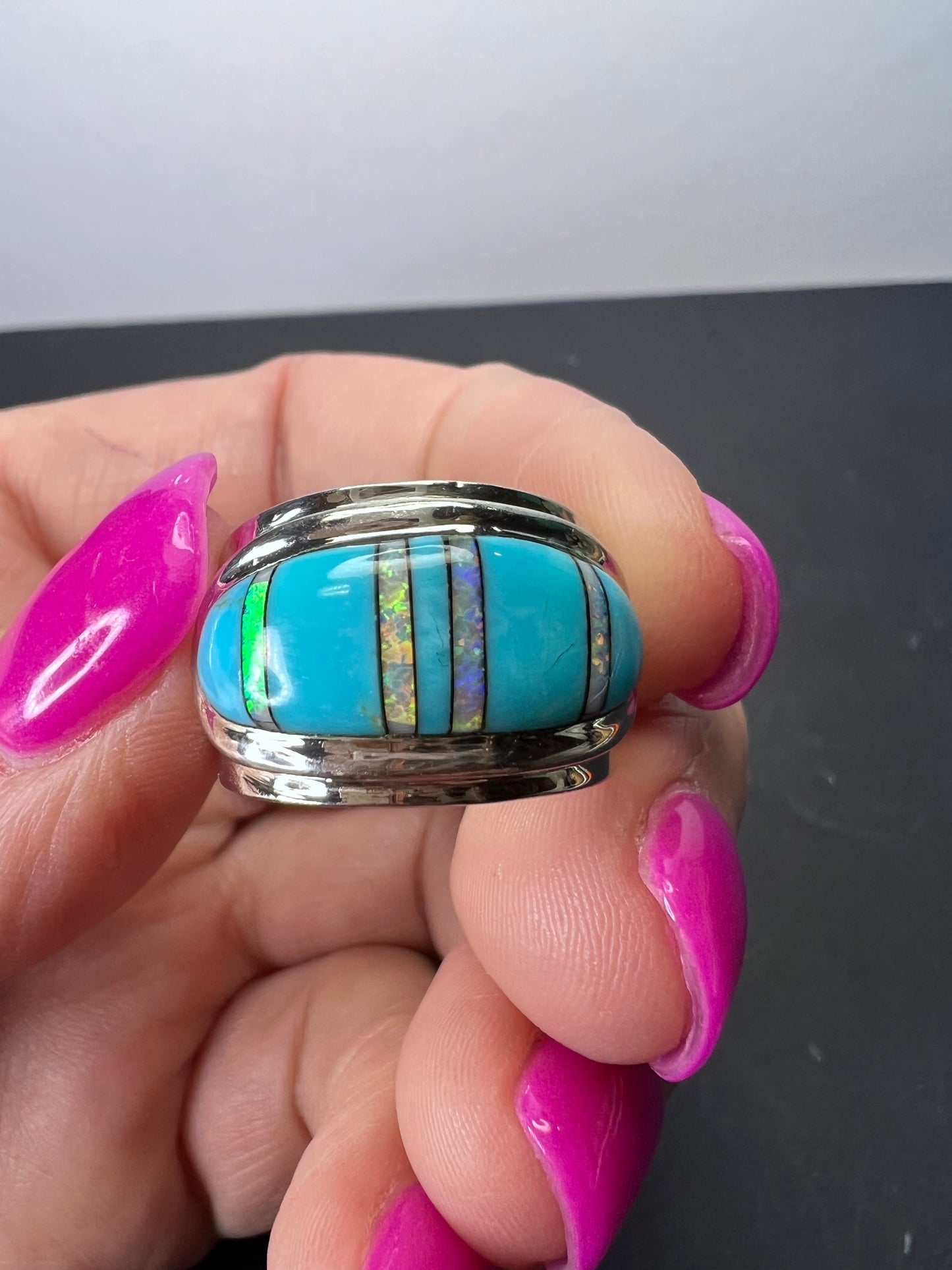 Turquoise lab opal sterling size ring size 7.5