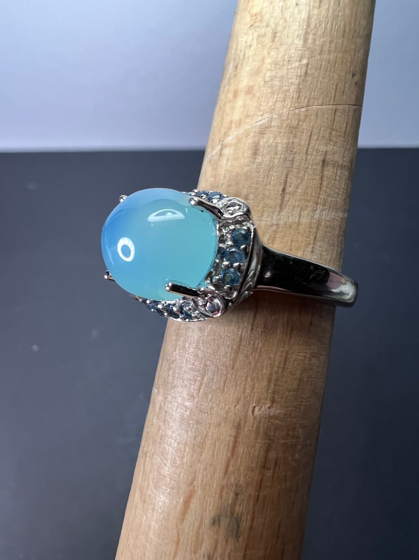 Aqua blue chalcedony blue topaz sterling silver halo ring size 7