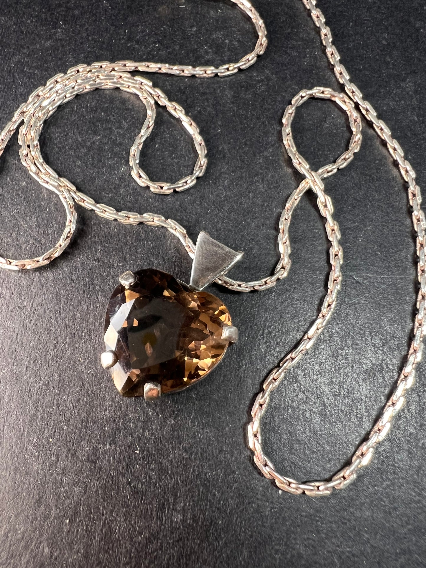 Vintage Smoky Quartz Heart Pendant Necklace Sterling Silver 20”