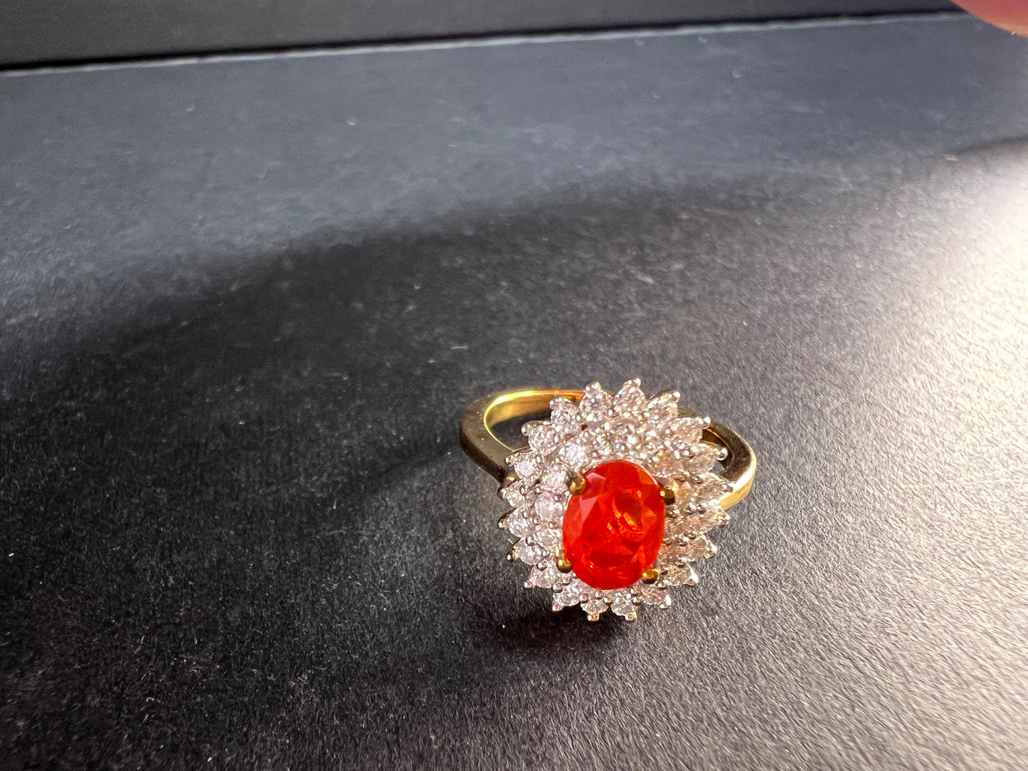 NEW Mexican Cherry fire opal and moissanite double halo ring in vermeil yellow gold over sterling silver size 5