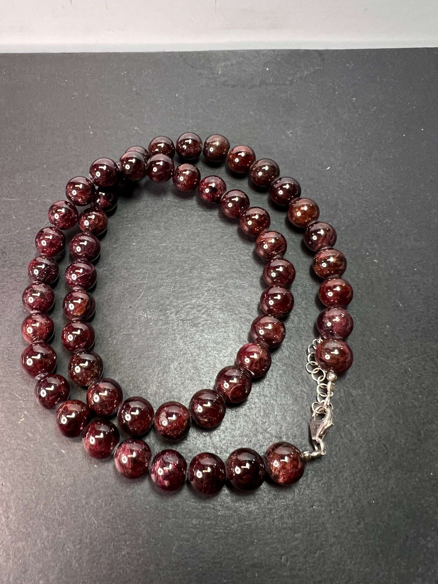 Garnet beaded necklace with sterling silver clasp