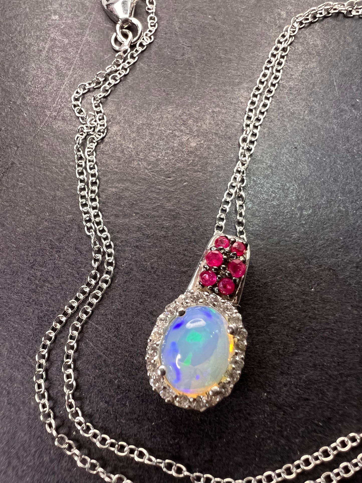 Ethiopian opal, ruby and zircon pendant and chain in platinum over sterling silver *NEW*