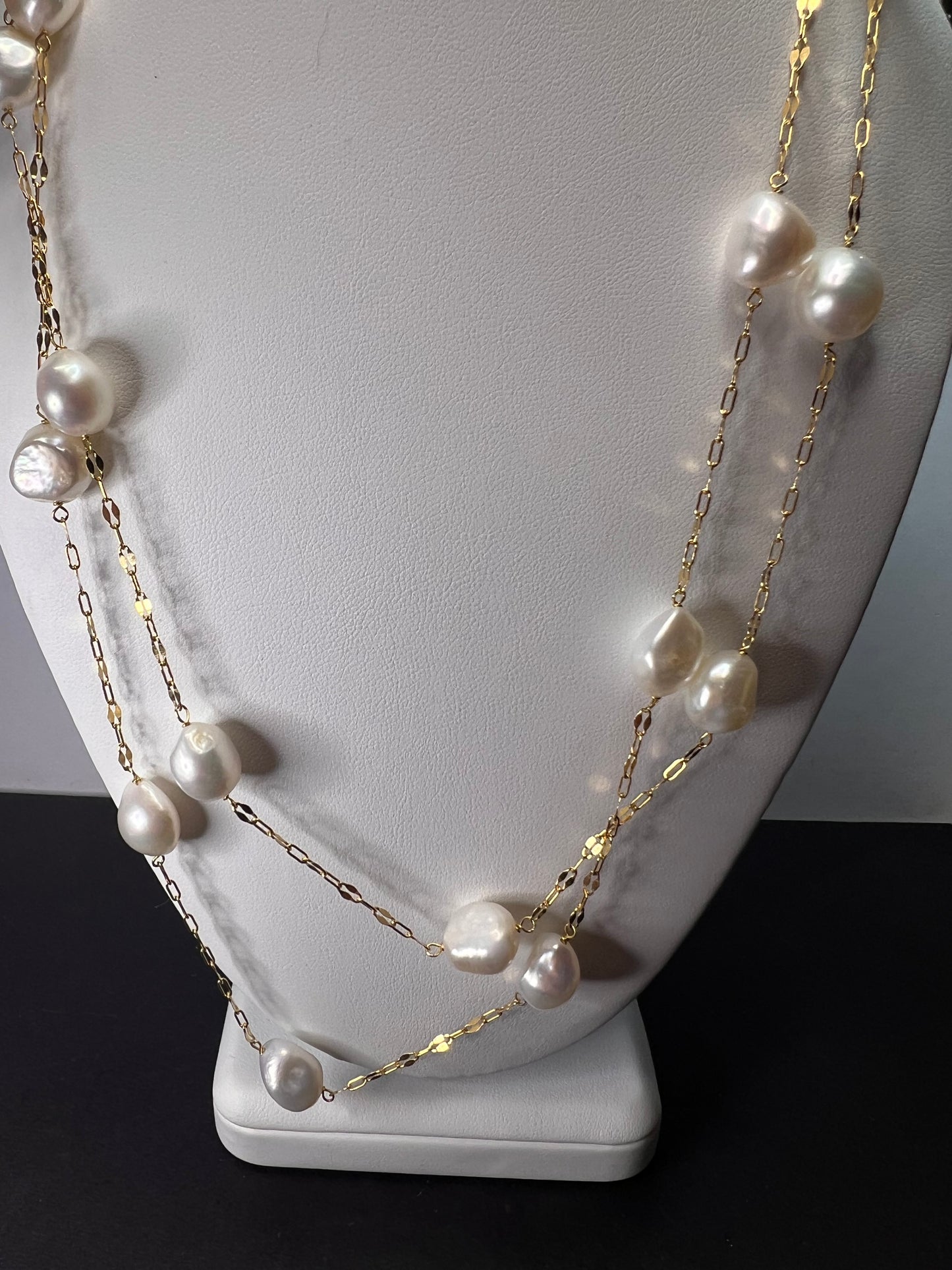 10.5-11mm white cultured freshwater pearl double strand station necklace in 18k yellow gold over sterling silver