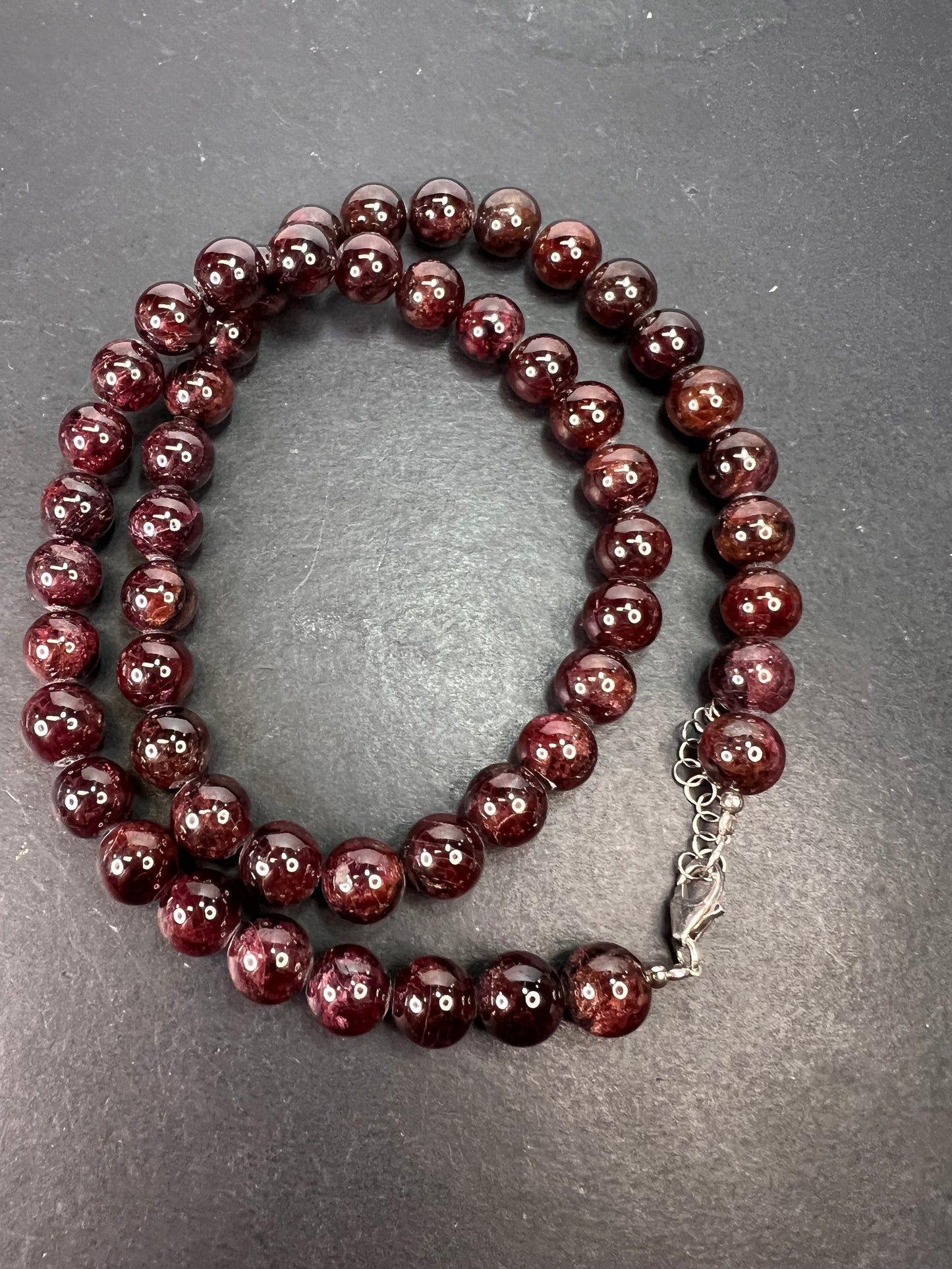 Garnet beaded necklace with sterling silver clasp