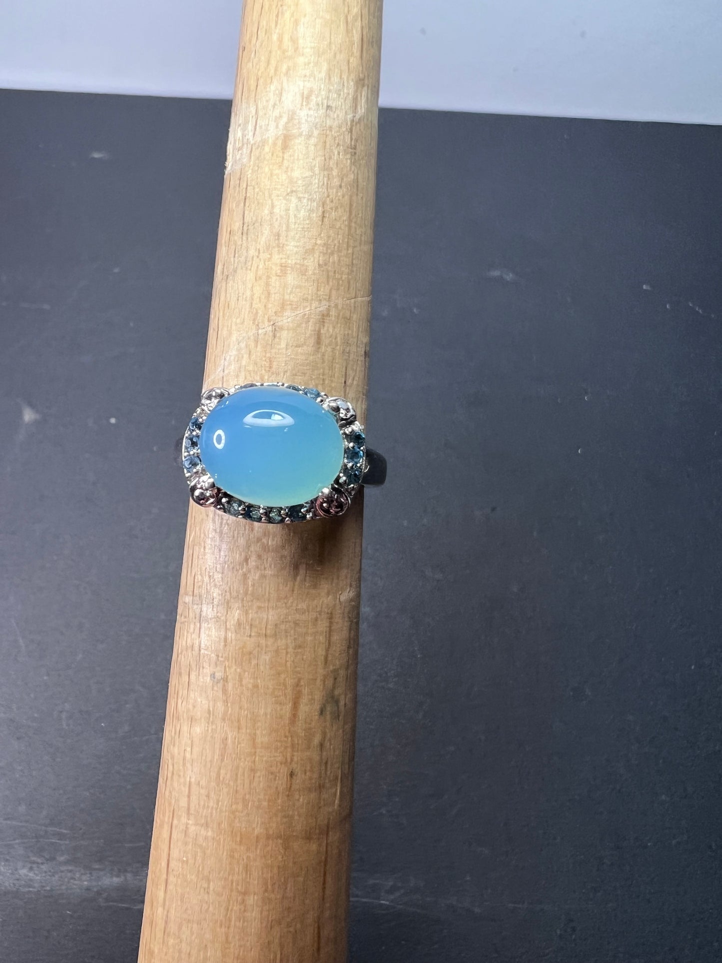 Aqua blue chalcedony blue topaz sterling silver halo ring size 7