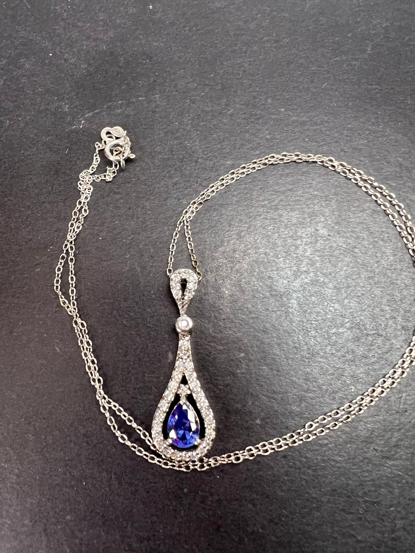 Tanzanite colored CZ teardrop pendant and chain necklace