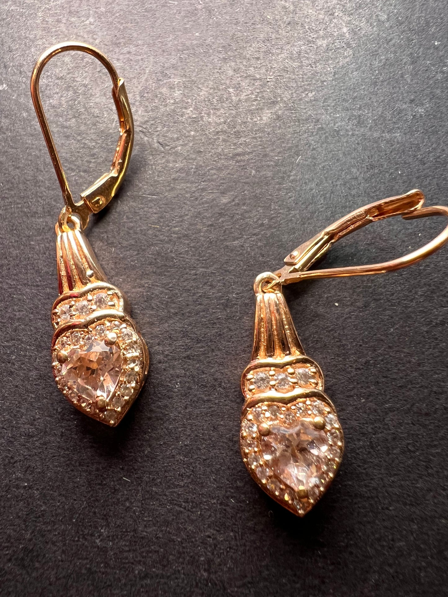 Marropino morganite and Cambodian zircon rose gold over sterling lever back heart drop earrings