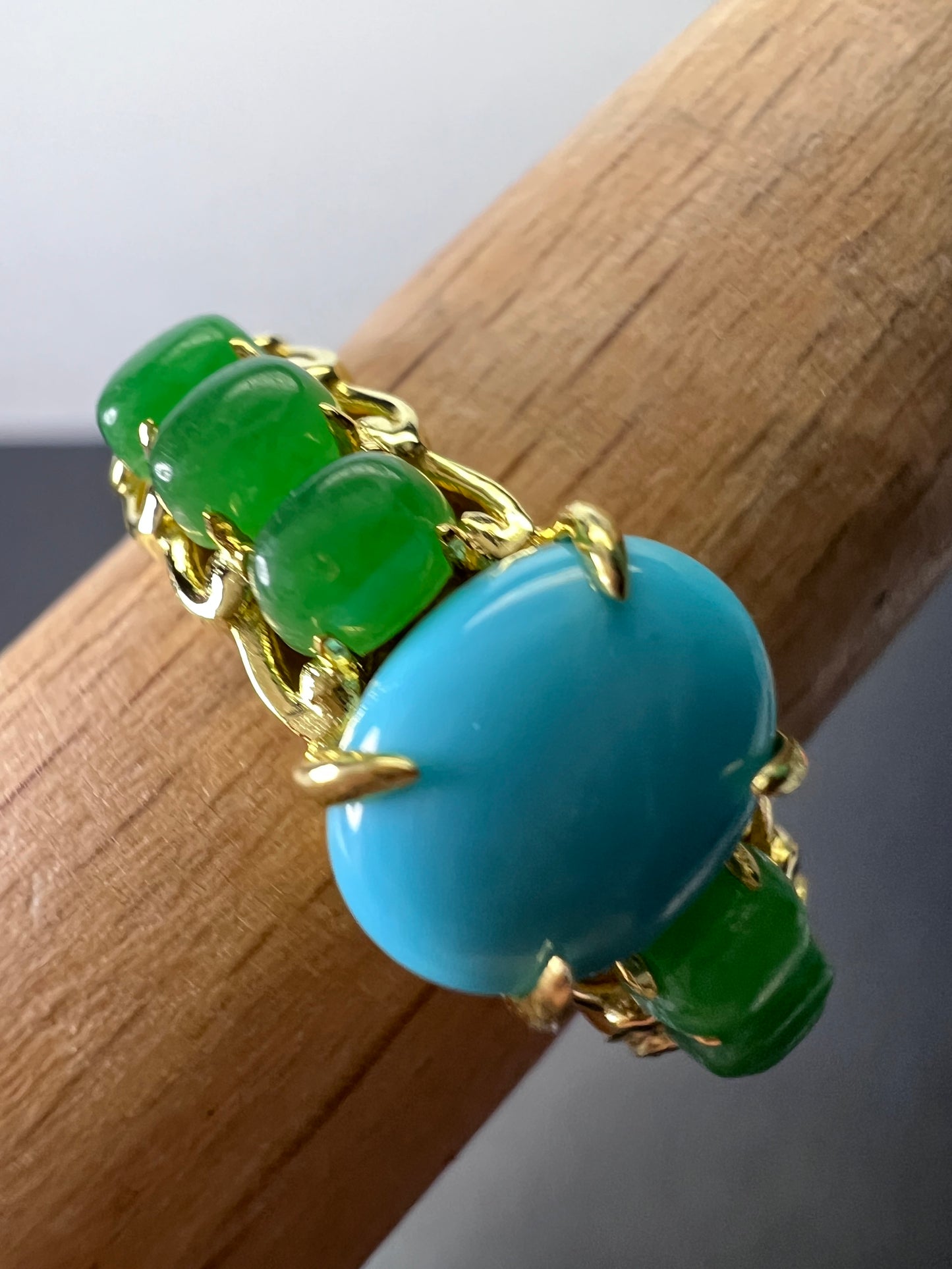 Sleeping Beauty turquoise and green jade 14k gold over silver ring size 9