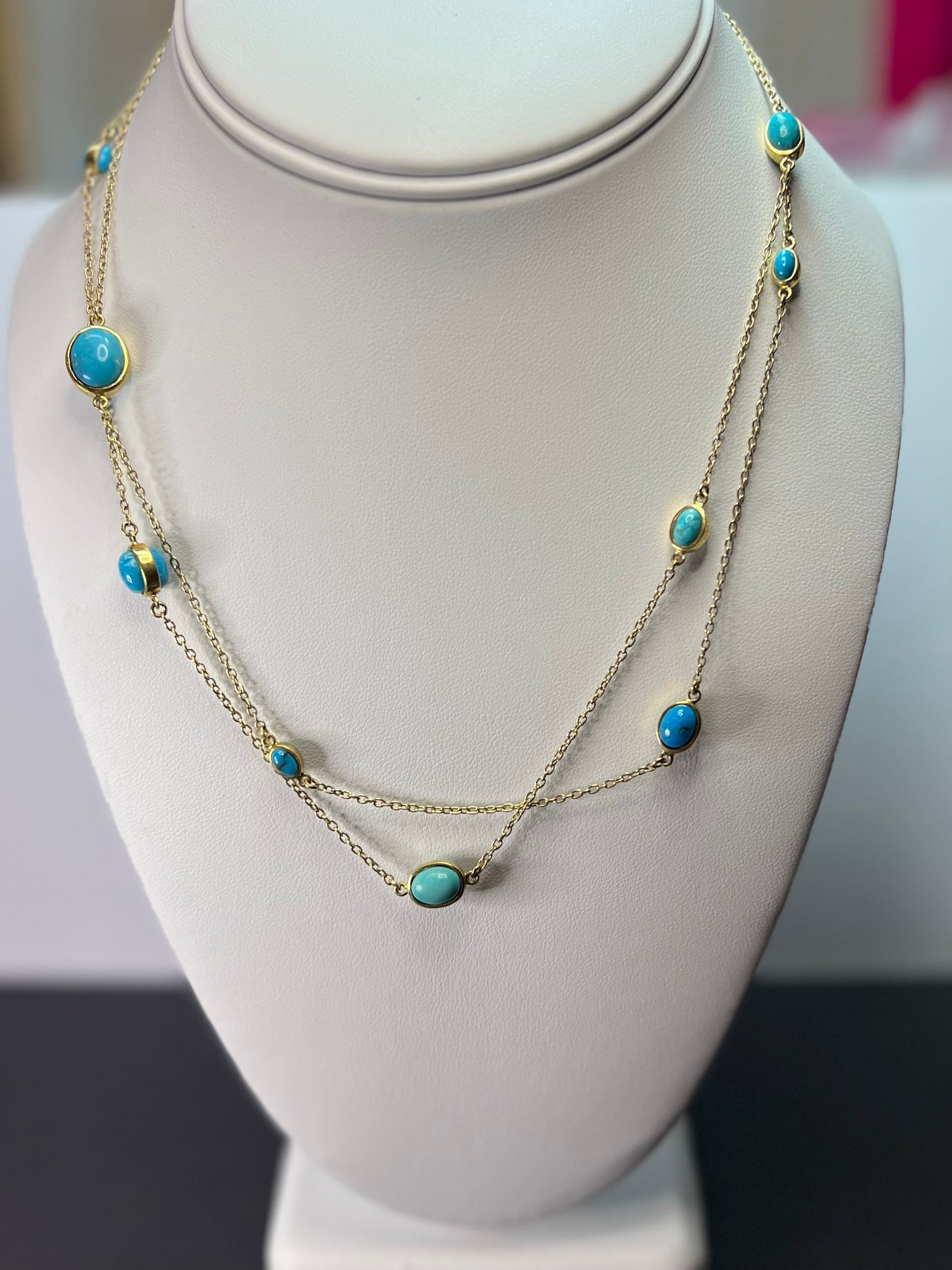 Turquoise 36 inch station necklace in vermeil yellow gold over sterling silver