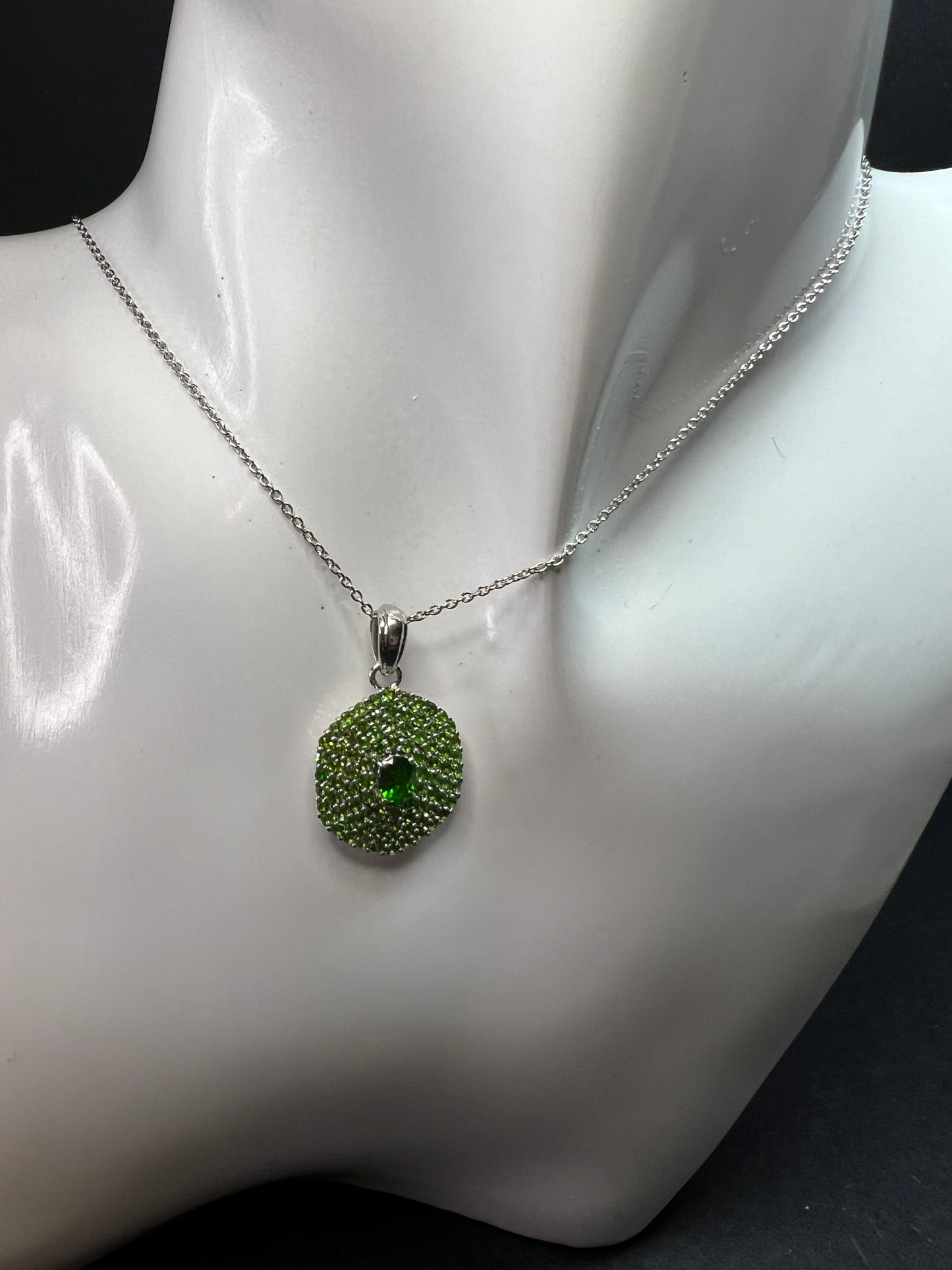 Chrome Diopside Sterling Silver Halo Pendant Necklace 18-20”